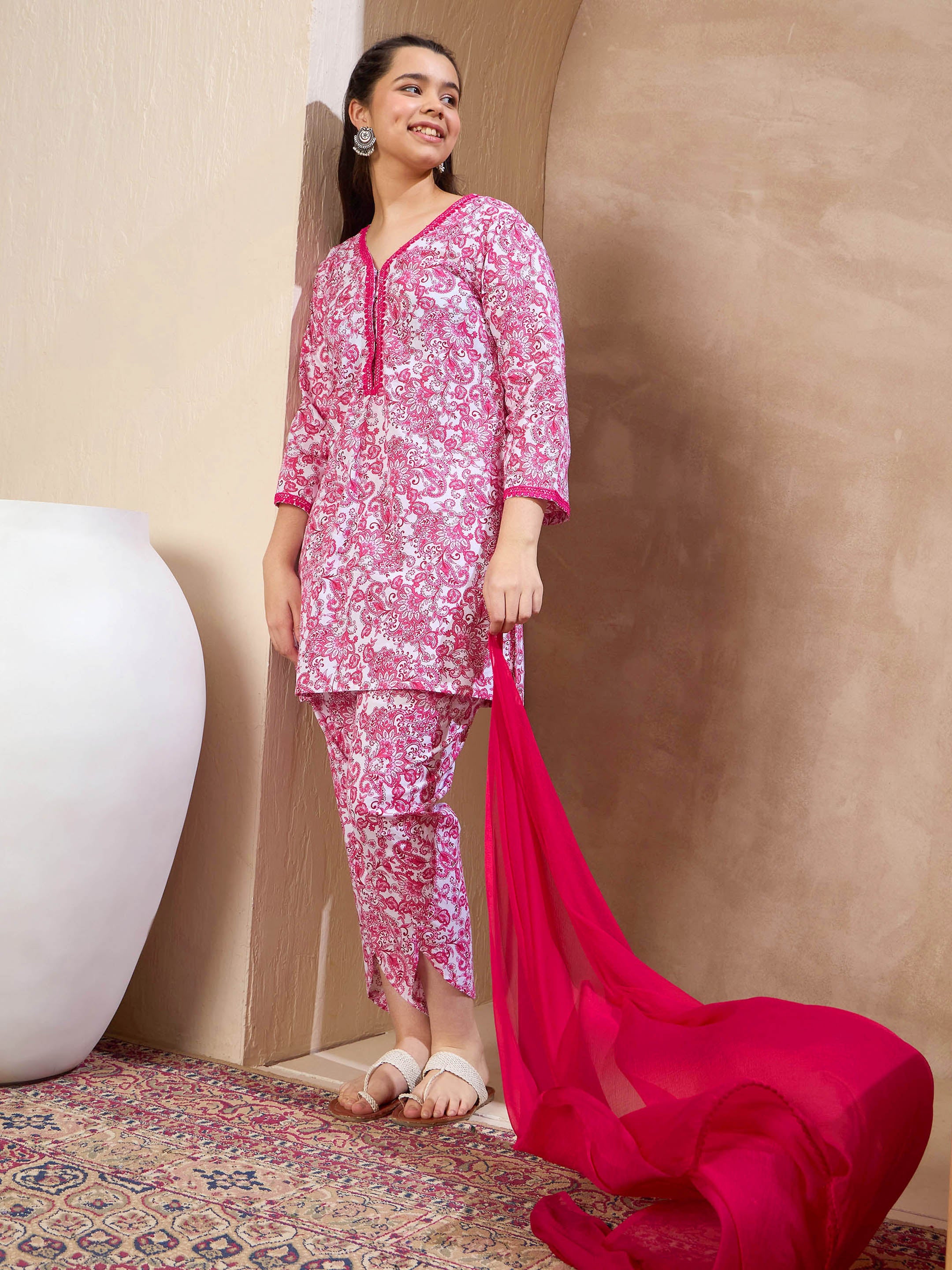 RUHI - DAISY IVORY WITH PINK SHORT KURTA AND DHOTI main image 0