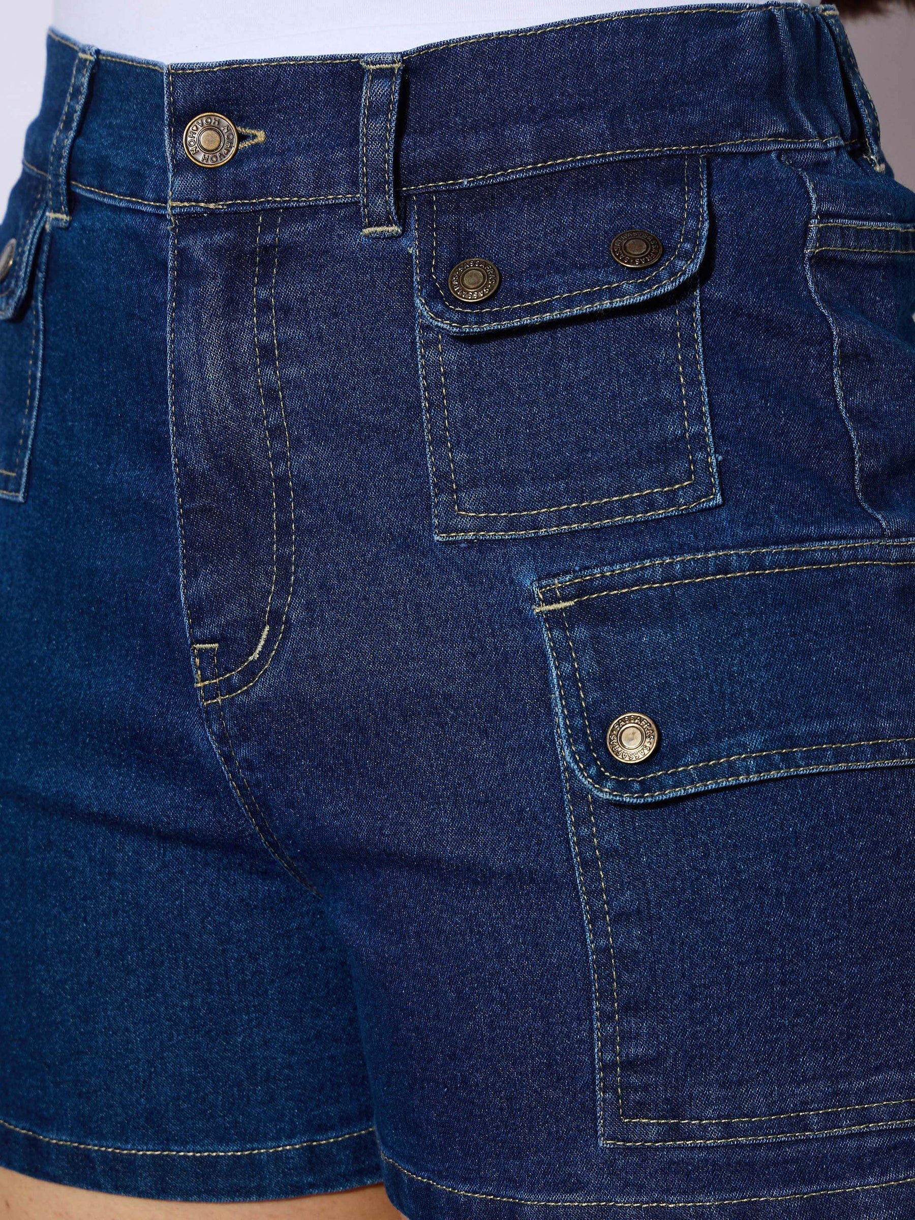 Navy Denim Front Patch Pockets Shorts-Noh.Voh