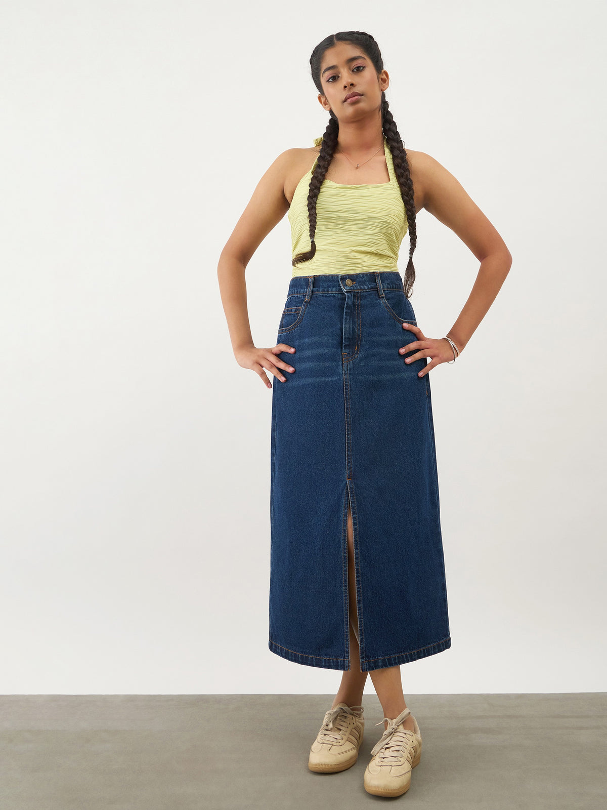 Navy Blue Denim Front Slit Straight Skirt -Noh.Voh