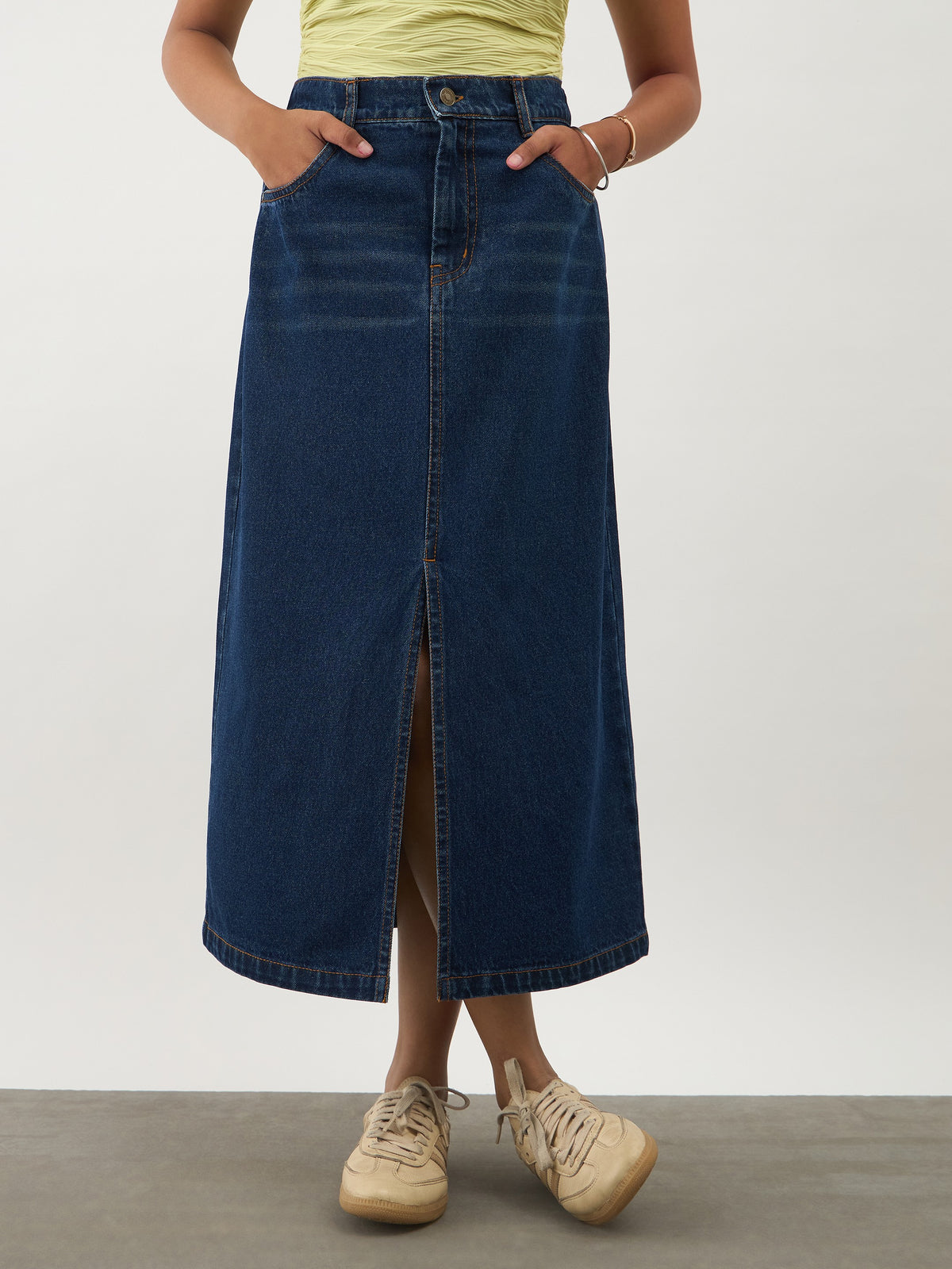 Navy Blue Denim Front Slit Straight Skirt -Noh.Voh