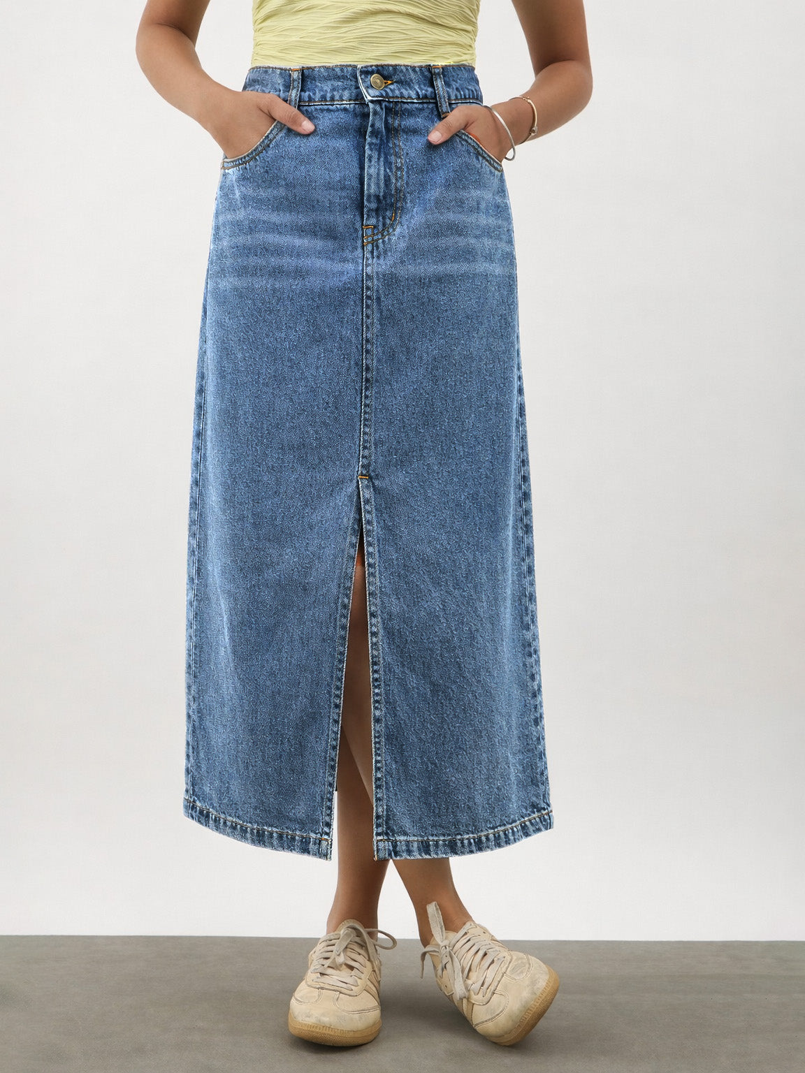 Blue Blast Denim Front Slit Straight Skirt-Noh.Voh