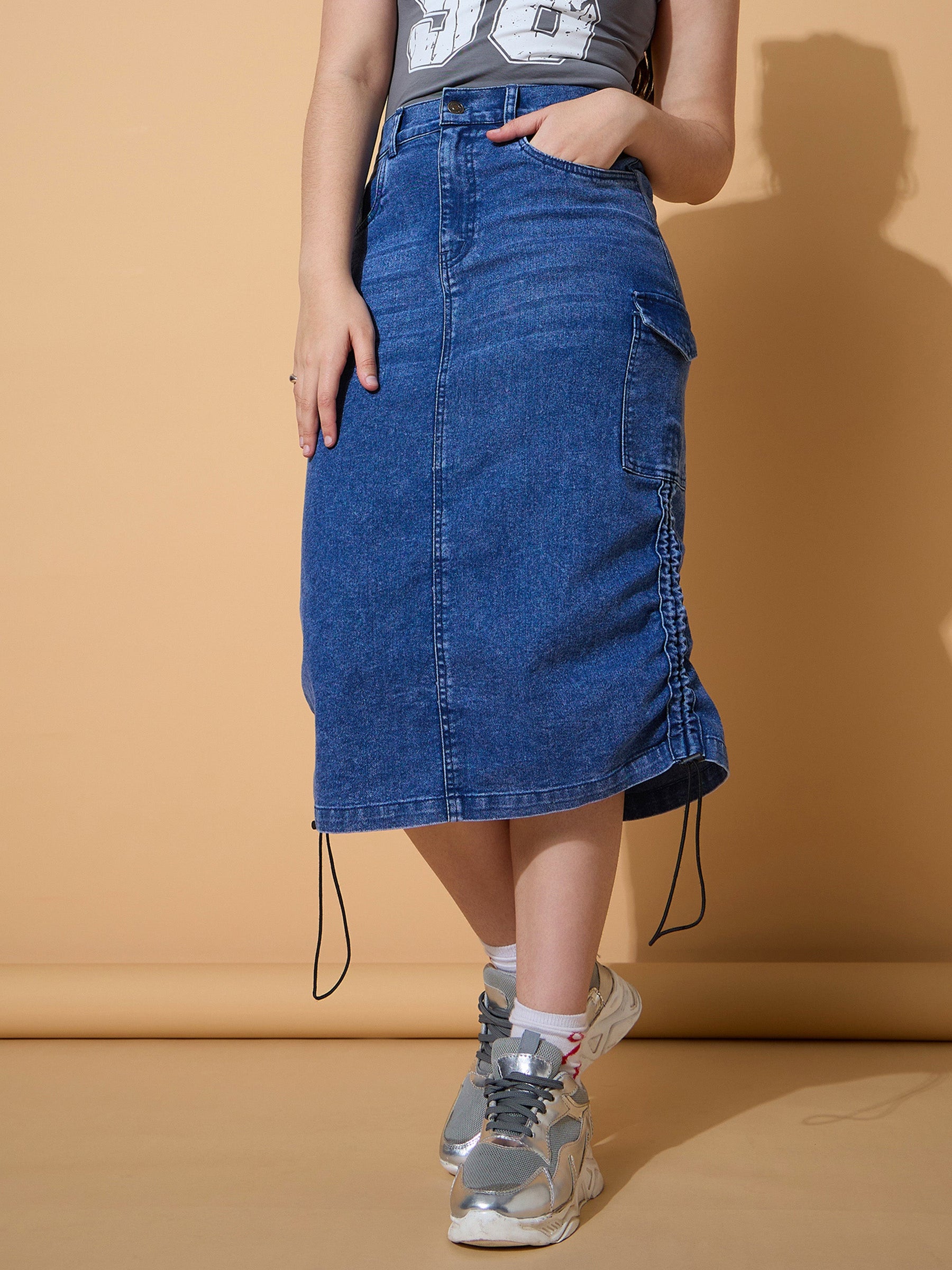 Blue Blast Denim Pull Hem Cargo Skirt -Noh.Voh