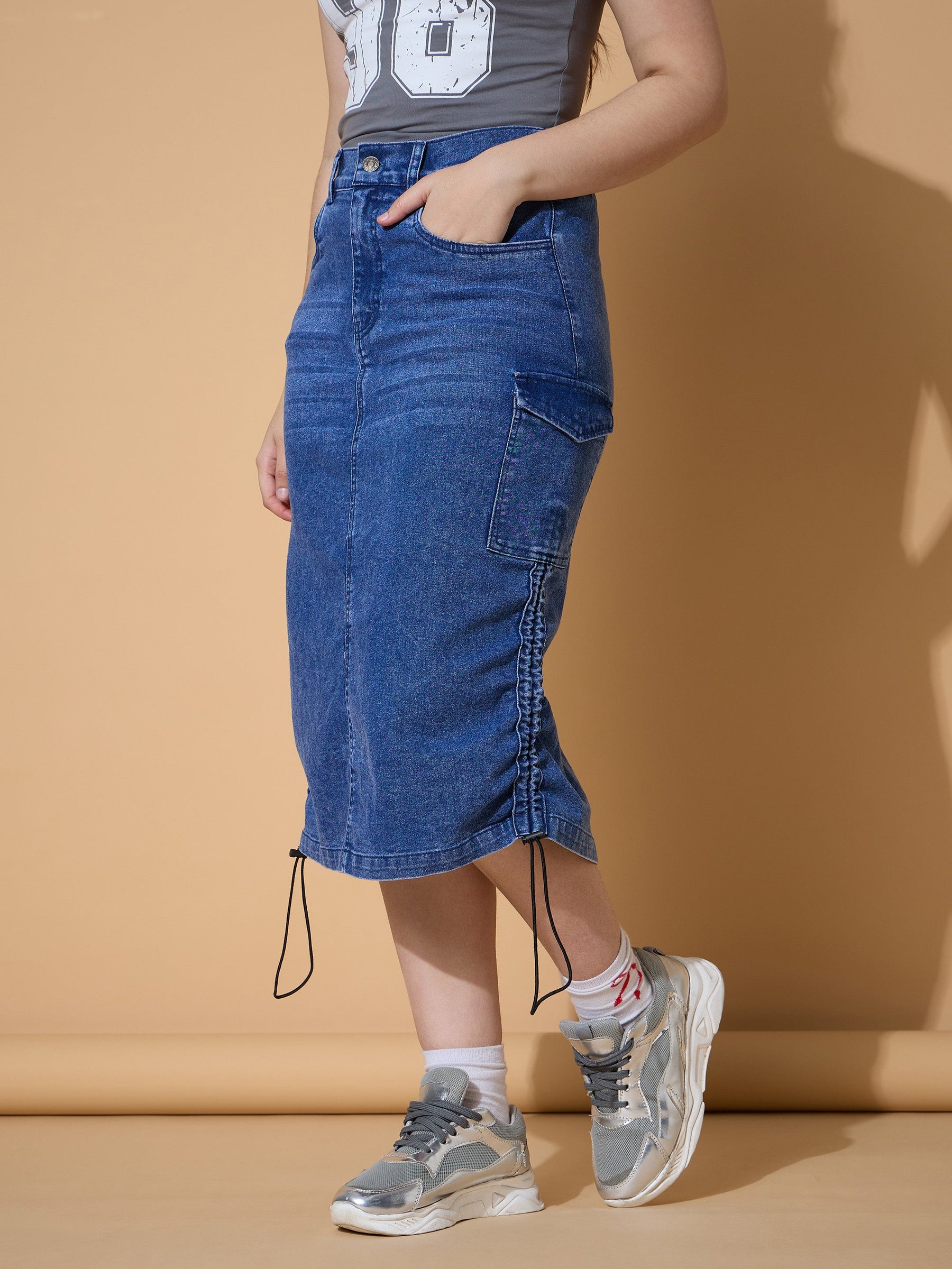 Blue Blast Denim Pull Hem Cargo Skirt -Noh.Voh