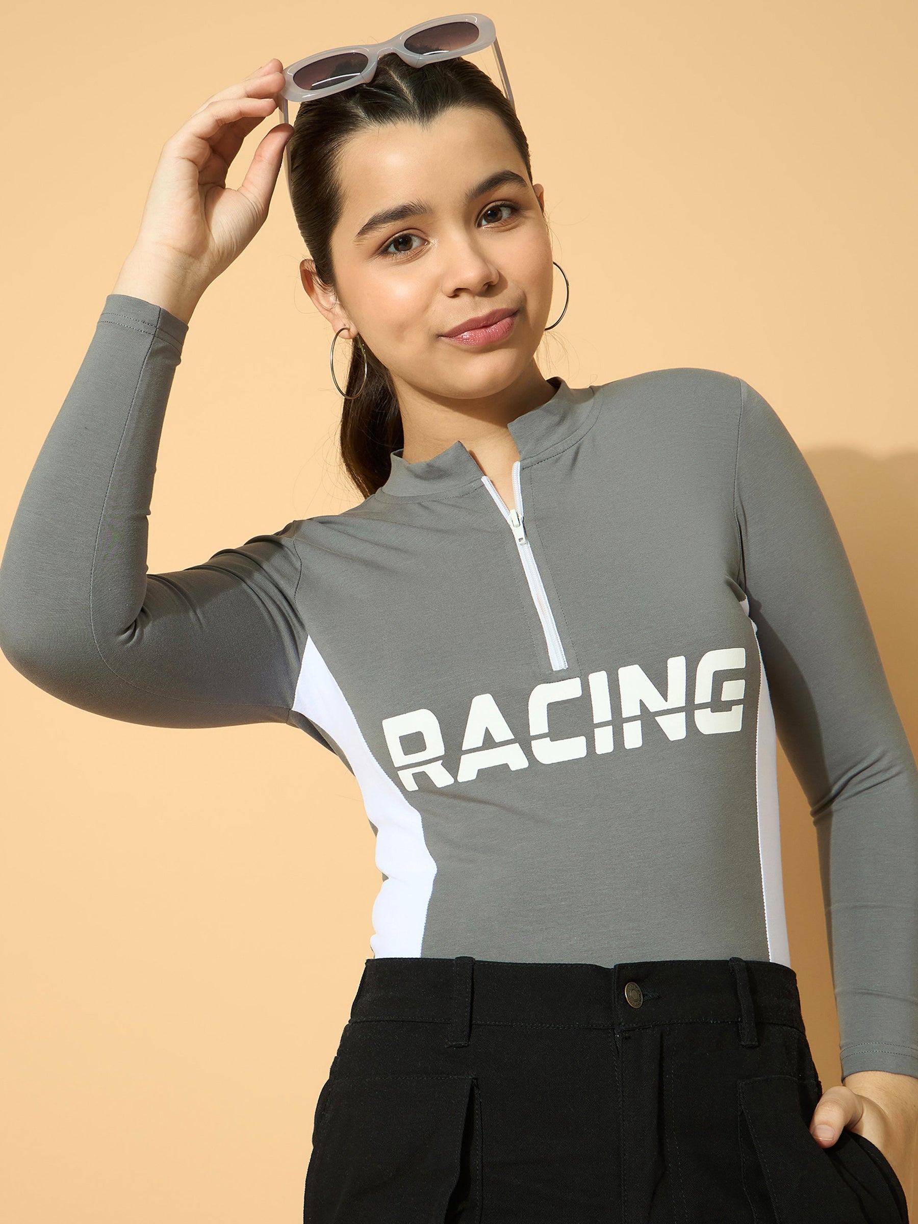 Grey RACING Print Cotton Spandex Zipper T-shirt -Noh.Voh