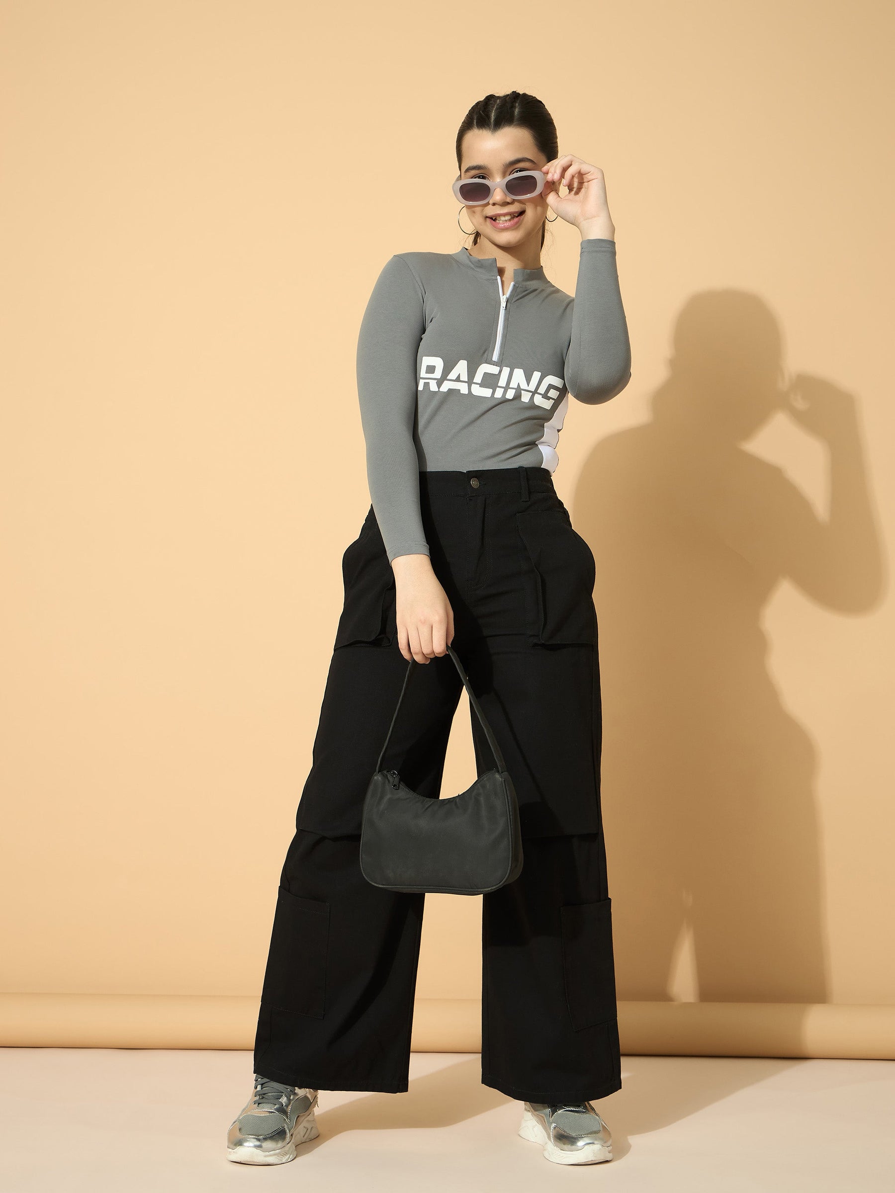 Grey RACING Print Cotton Spandex Zipper T-shirt -Noh.Voh