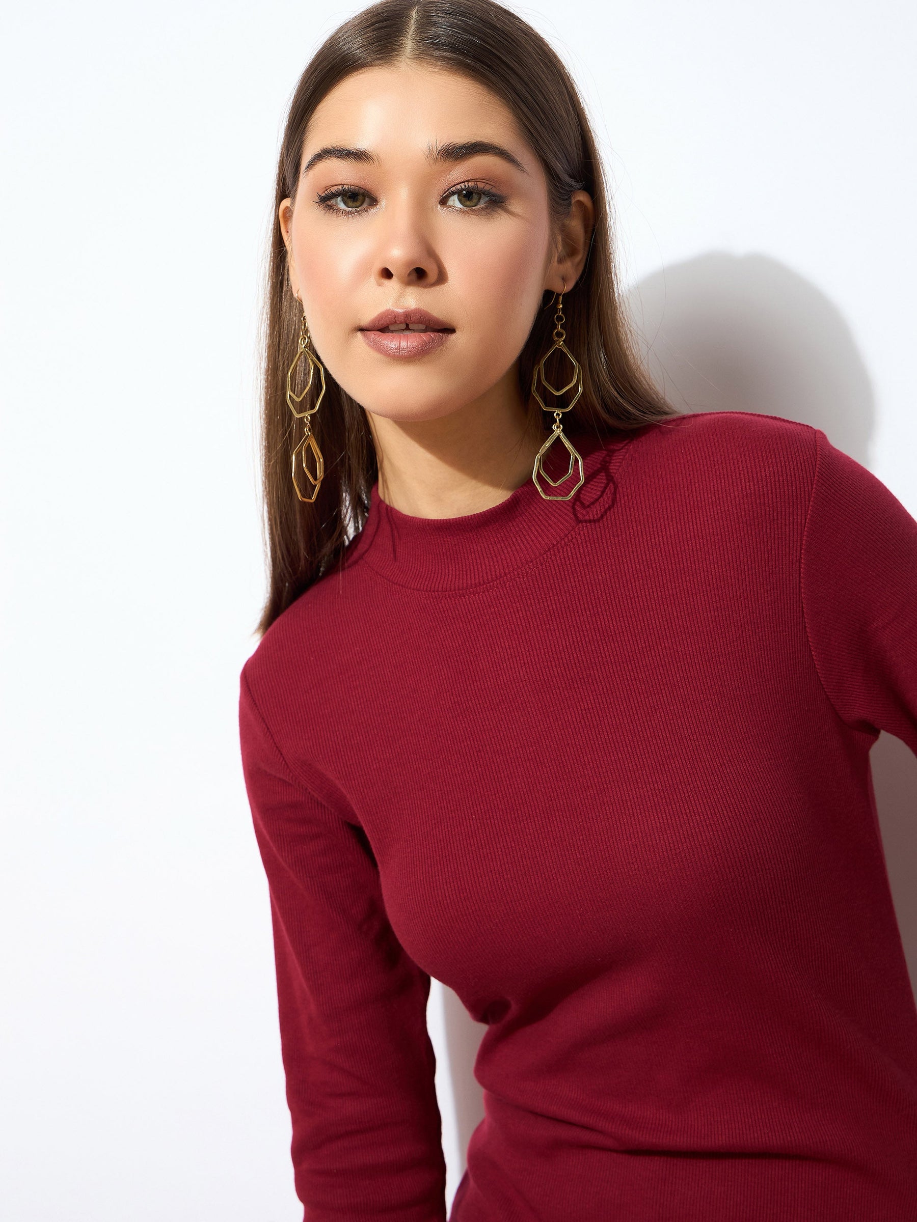 Maroon Rib Turtle Neck Zipped Bodycon Dress -SASSAFRAS