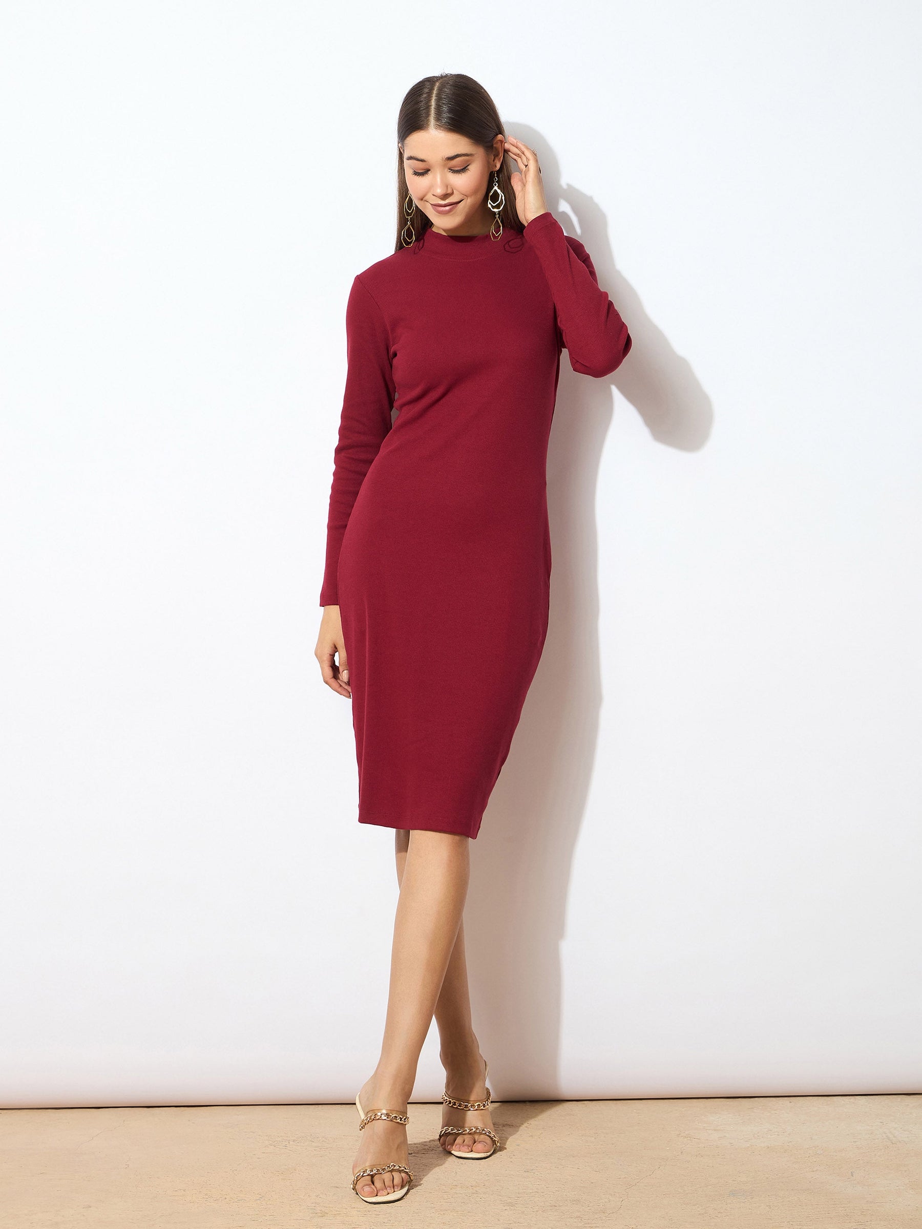 Maroon Rib Turtle Neck Zipped Bodycon Dress -SASSAFRAS