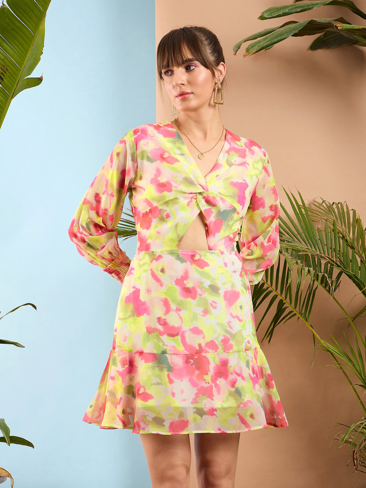 White & Pink Floral Front Knot Short Dress -SASSAFRAS