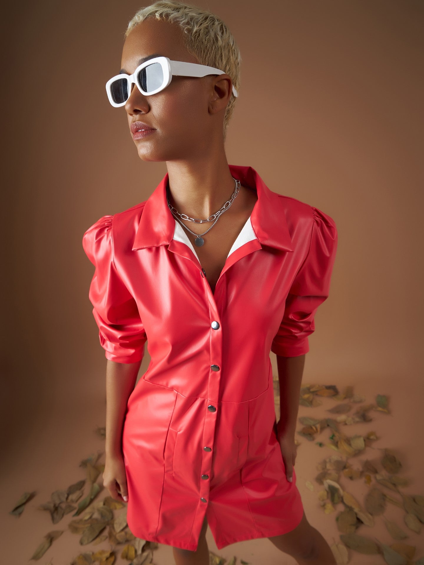 pu shirt dress Belted PU Leather Shirt Dress