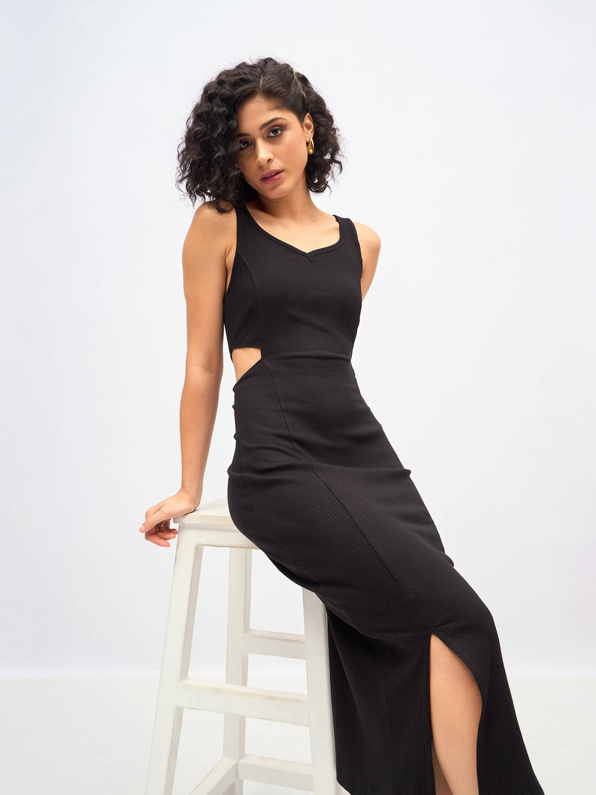 Black Rib Waist Cut-Out Midi Dress -SASSAFRAS