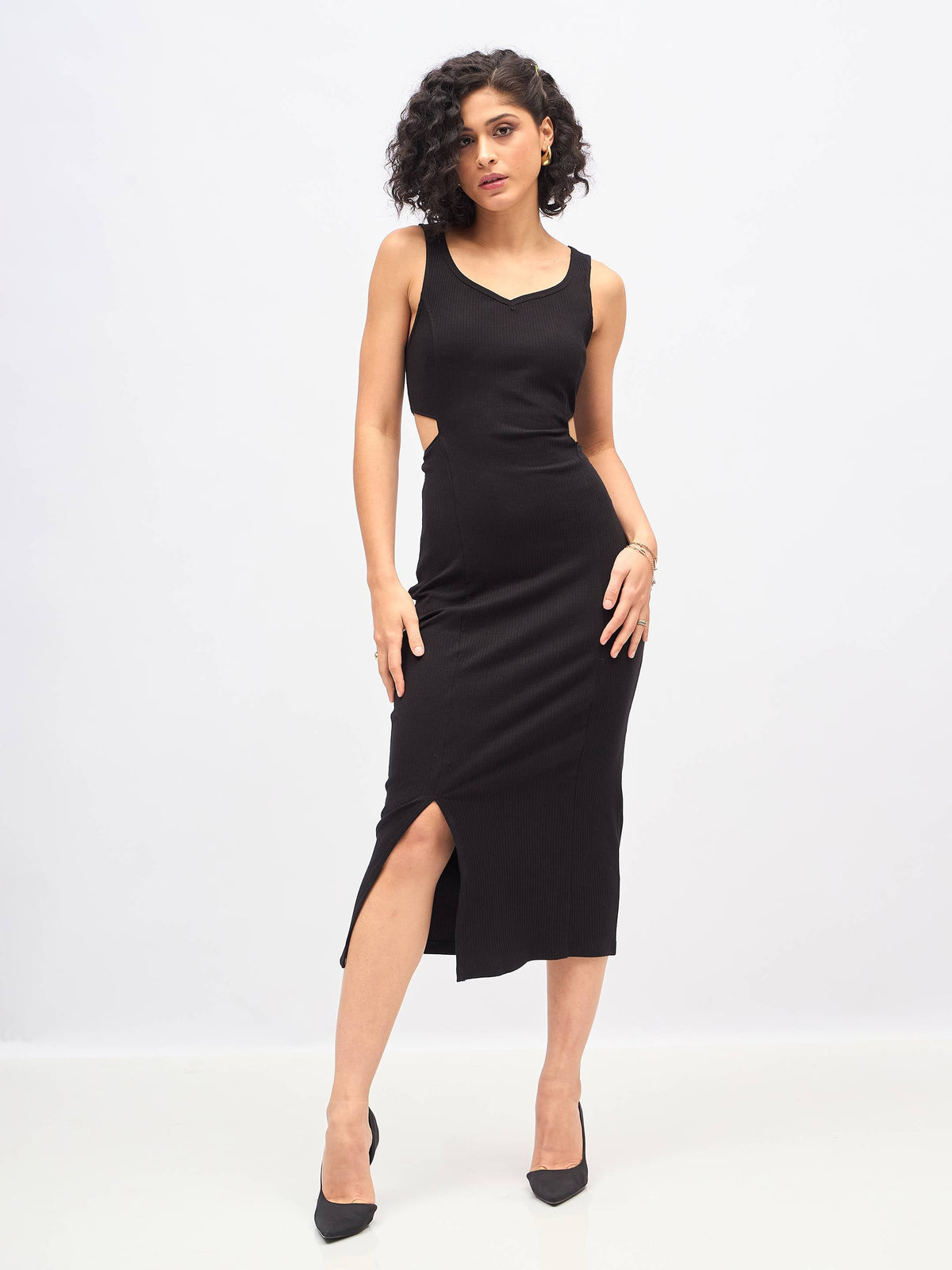 Black Rib Waist Cut-Out Midi Dress -SASSAFRAS