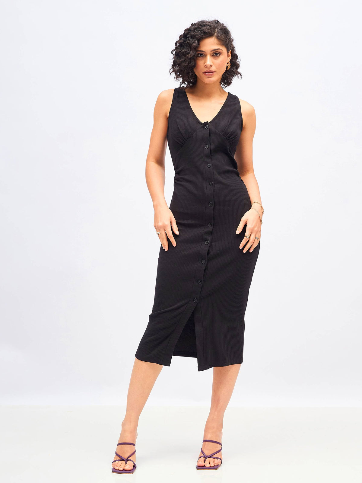 Black Rib Front Button Bodycon Midi Dress -SASSAFRAS