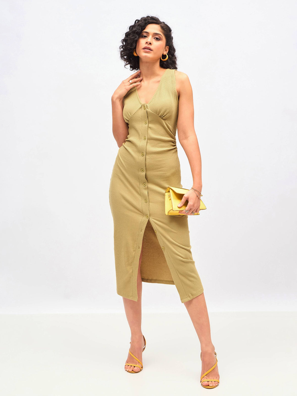 Khaki Rib Front Button Bodycon Midi Dress -SASSAFRAS