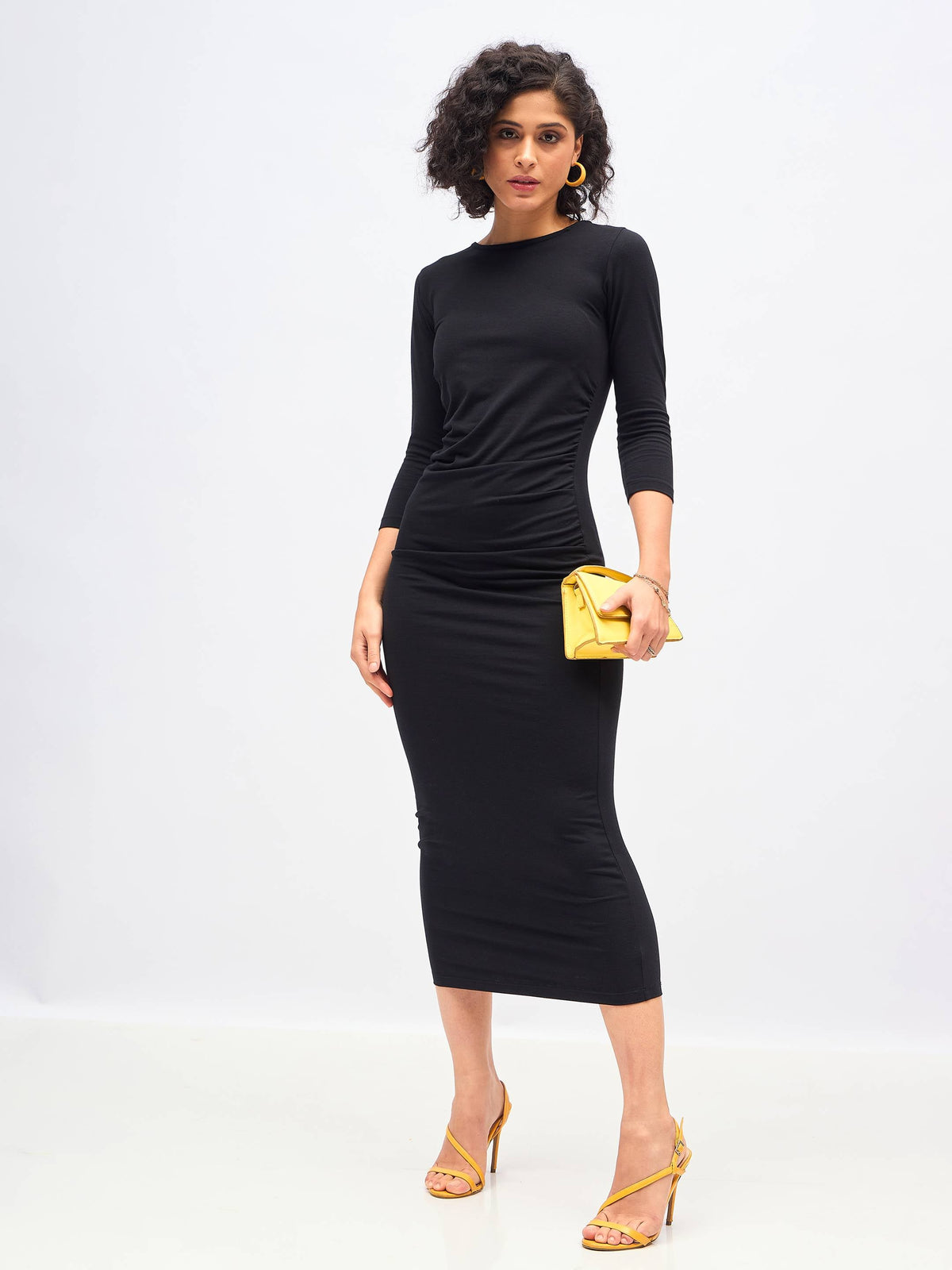 Black Waist Ruched Bodycon Maxi Dress-SASSAFRAS