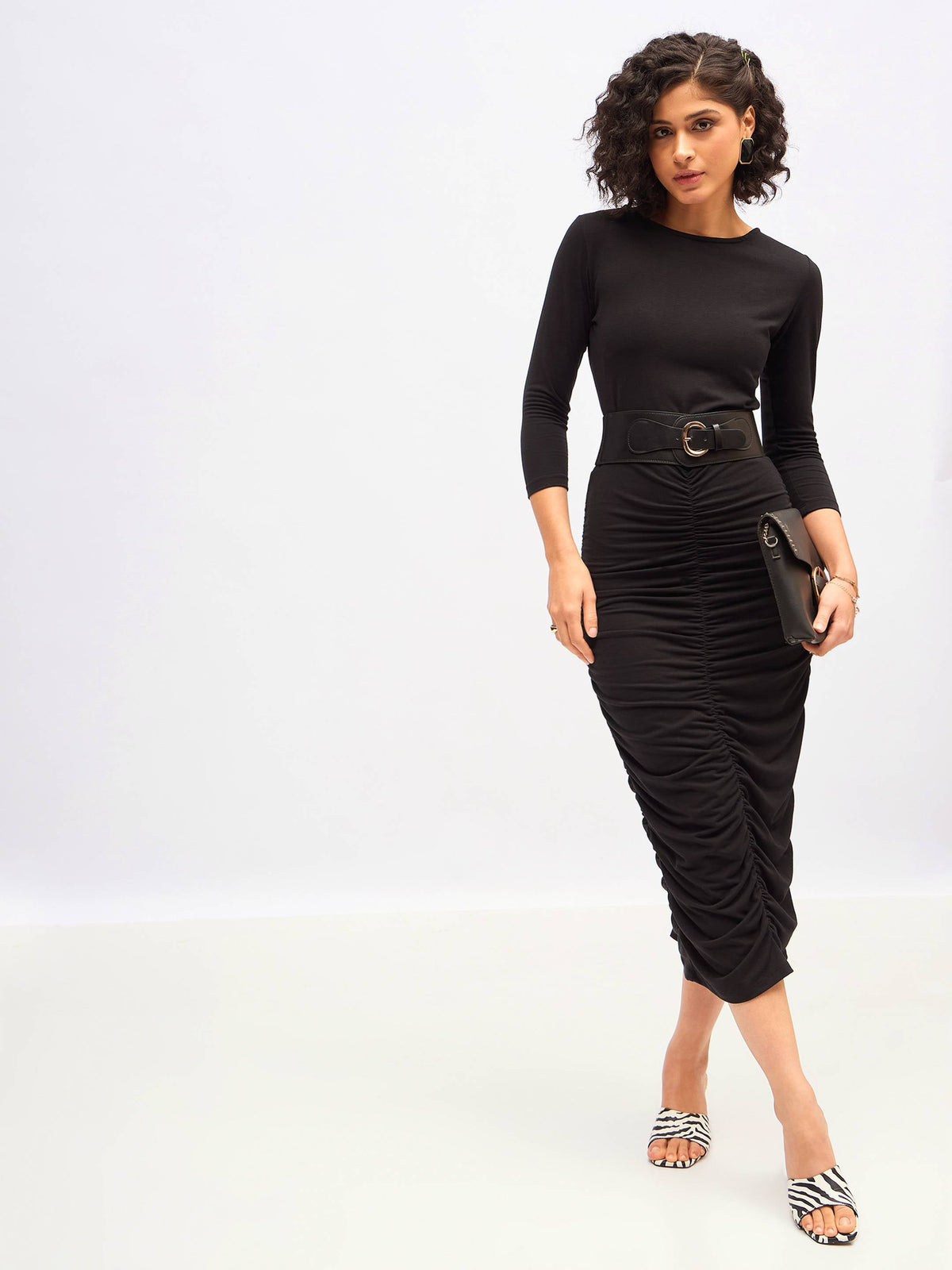 Black Ruched Bodycon Midi Dress-SASSAFRAS