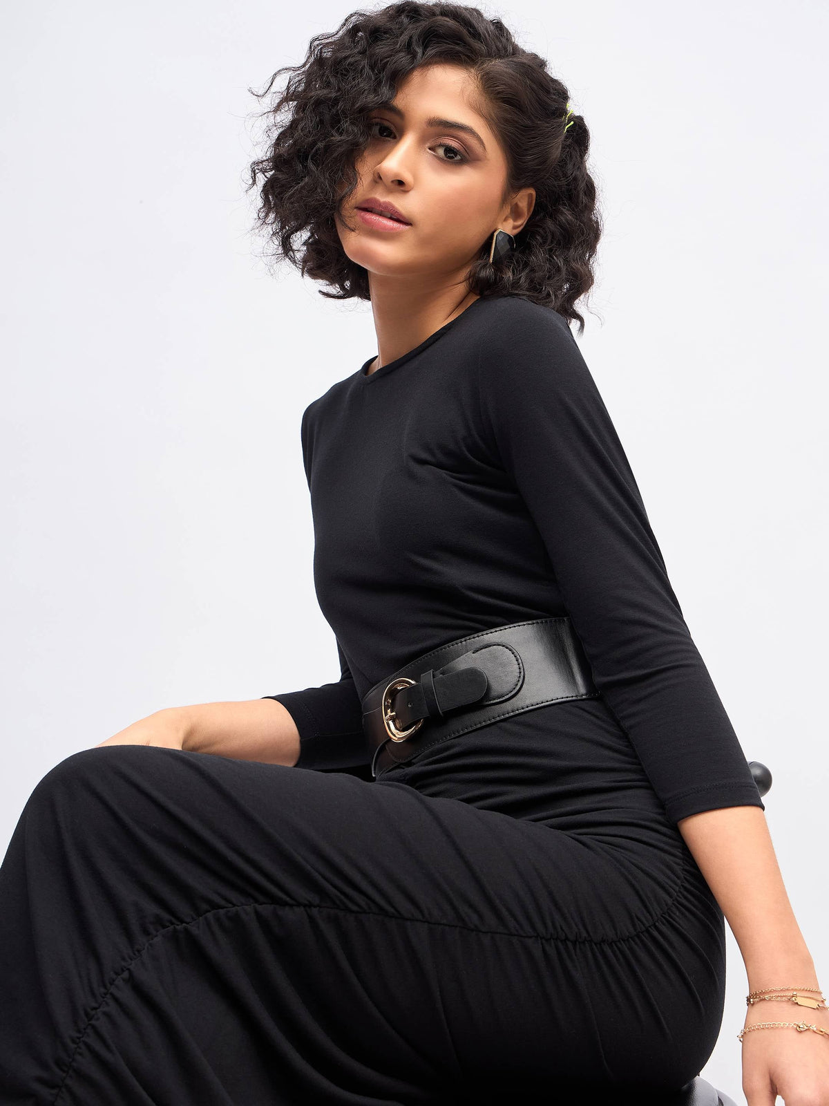 Black Ruched Bodycon Midi Dress-SASSAFRAS