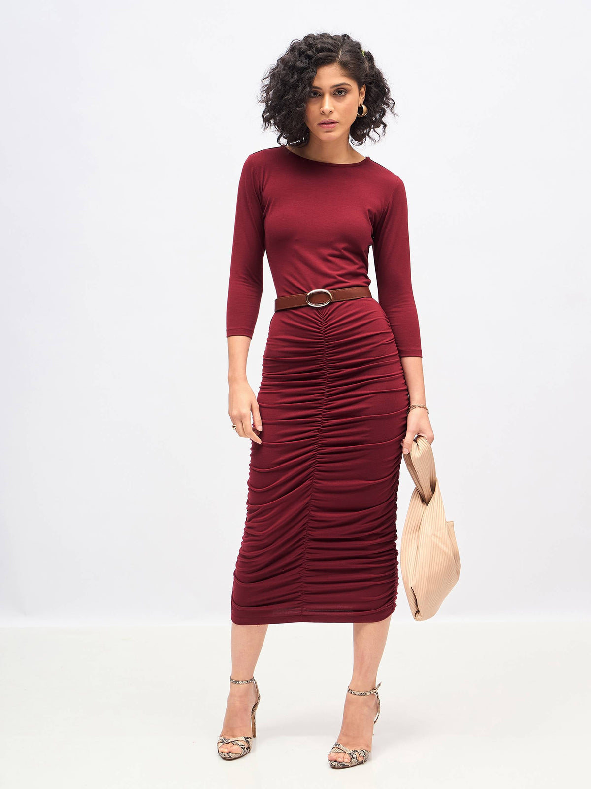 Maroon Ruched Bodycon Midi Dress-SASSAFRAS