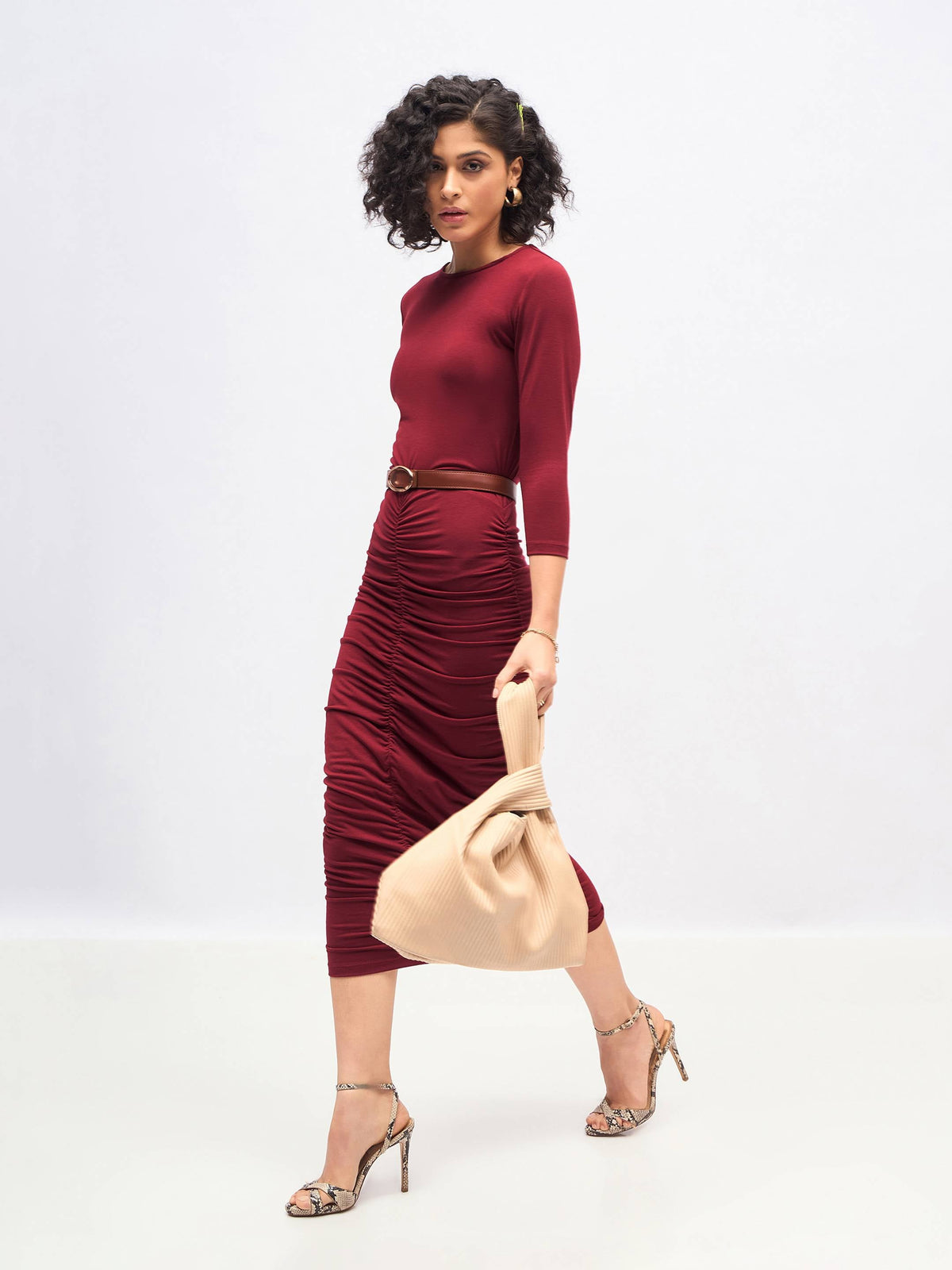 Maroon Ruched Bodycon Midi Dress-SASSAFRAS
