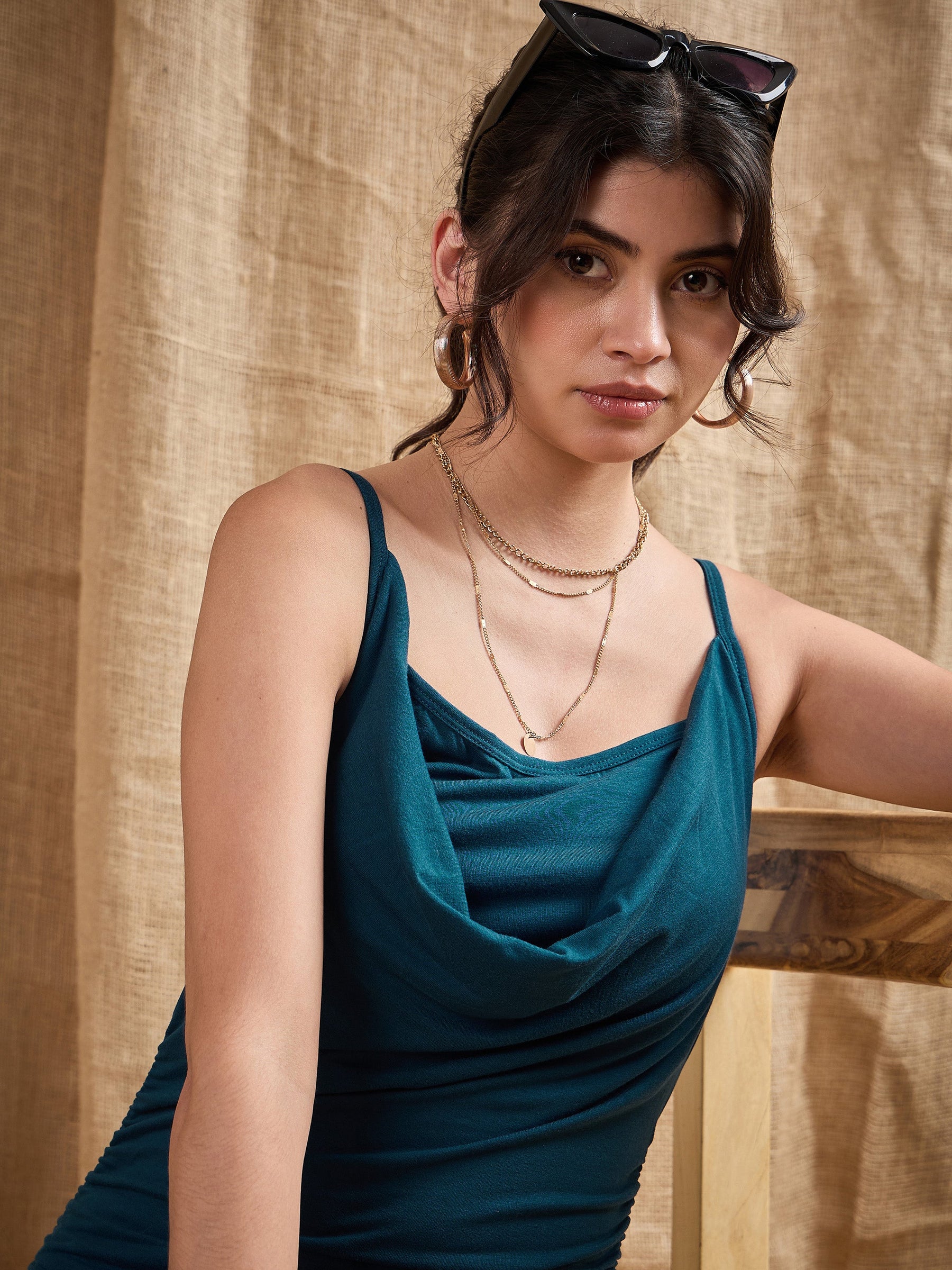 Teal Cowl Neck Bodycon Maxi Dress-SASSAFRAS