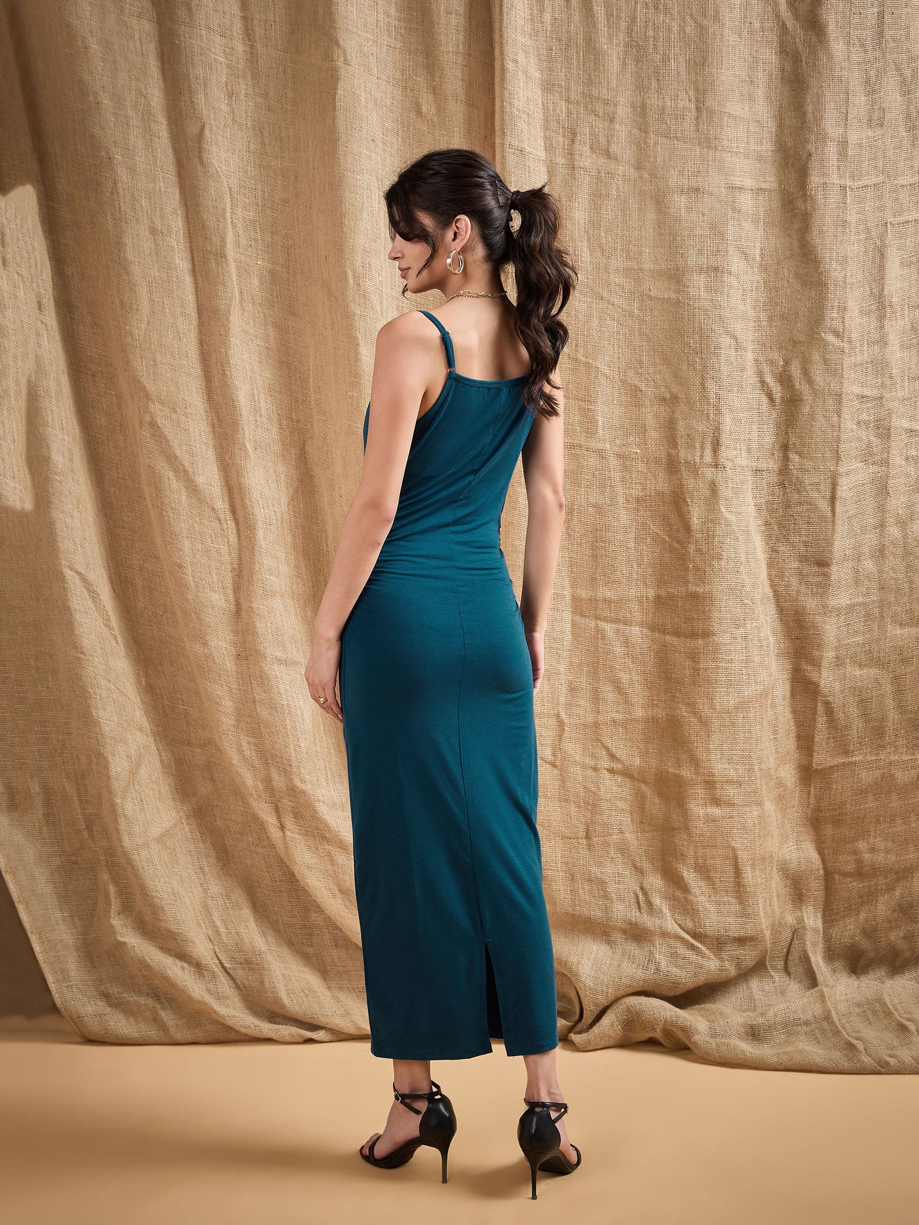 Teal Cowl Neck Bodycon Maxi Dress-SASSAFRAS