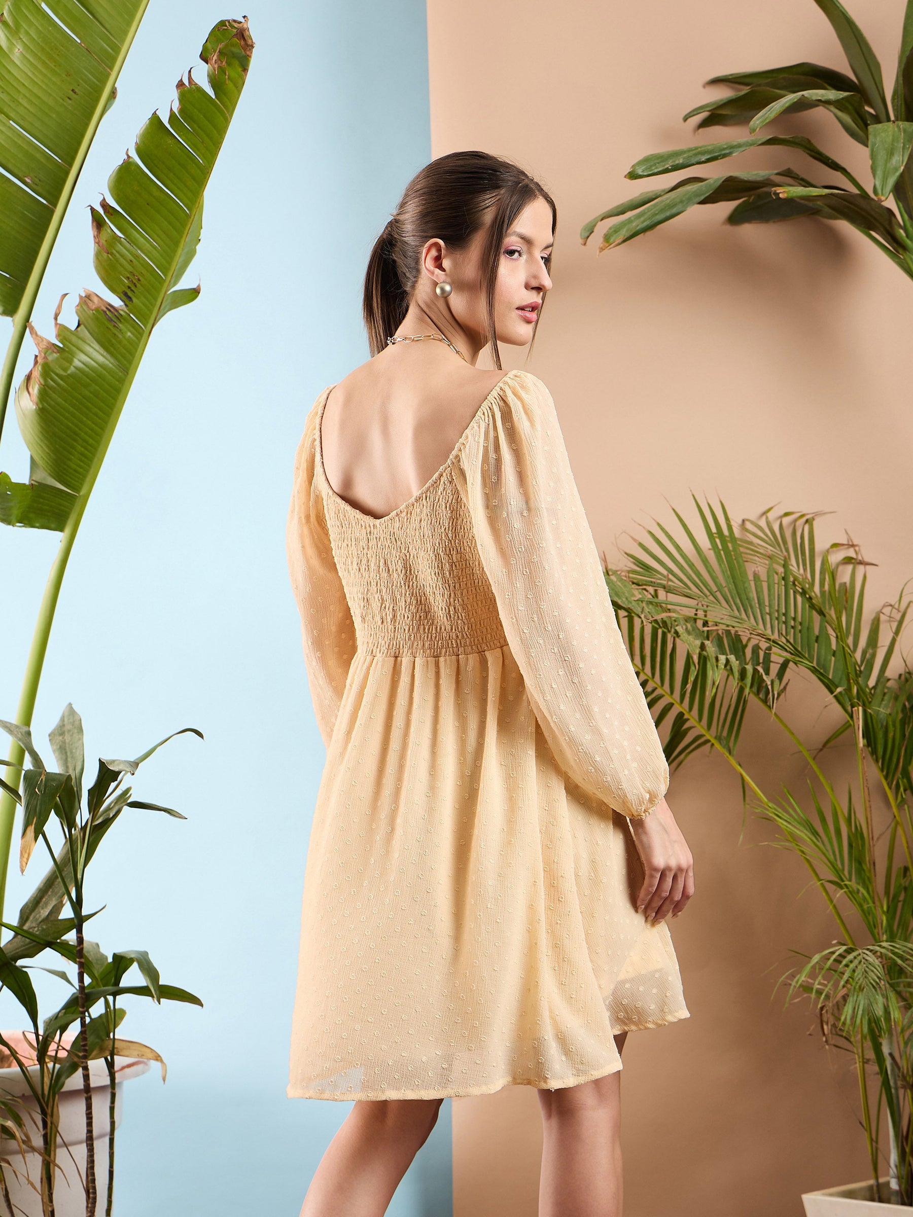 Nude Dobby Sweetheart Neck Ruched Skater Dress-SASSAFRAS