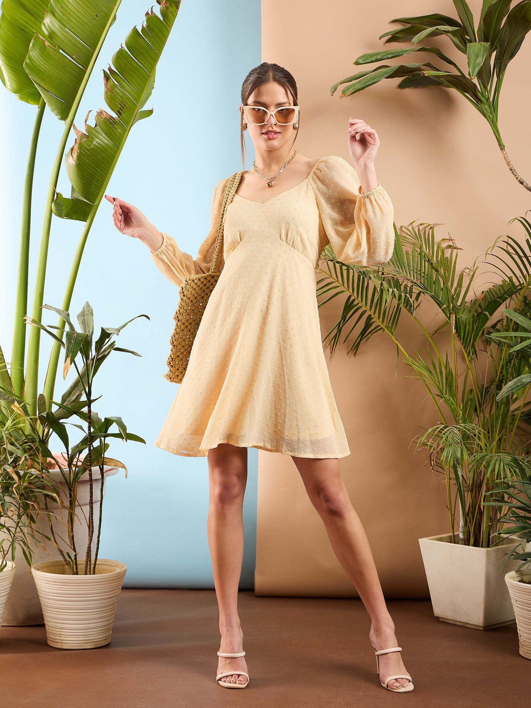Nude Dobby Sweetheart Neck Ruched Skater Dress-SASSAFRAS