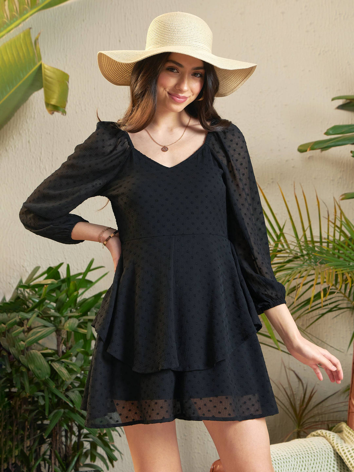 Black Dobby Sweetheart Neck Layered Hem Dress-SASSAFRAS