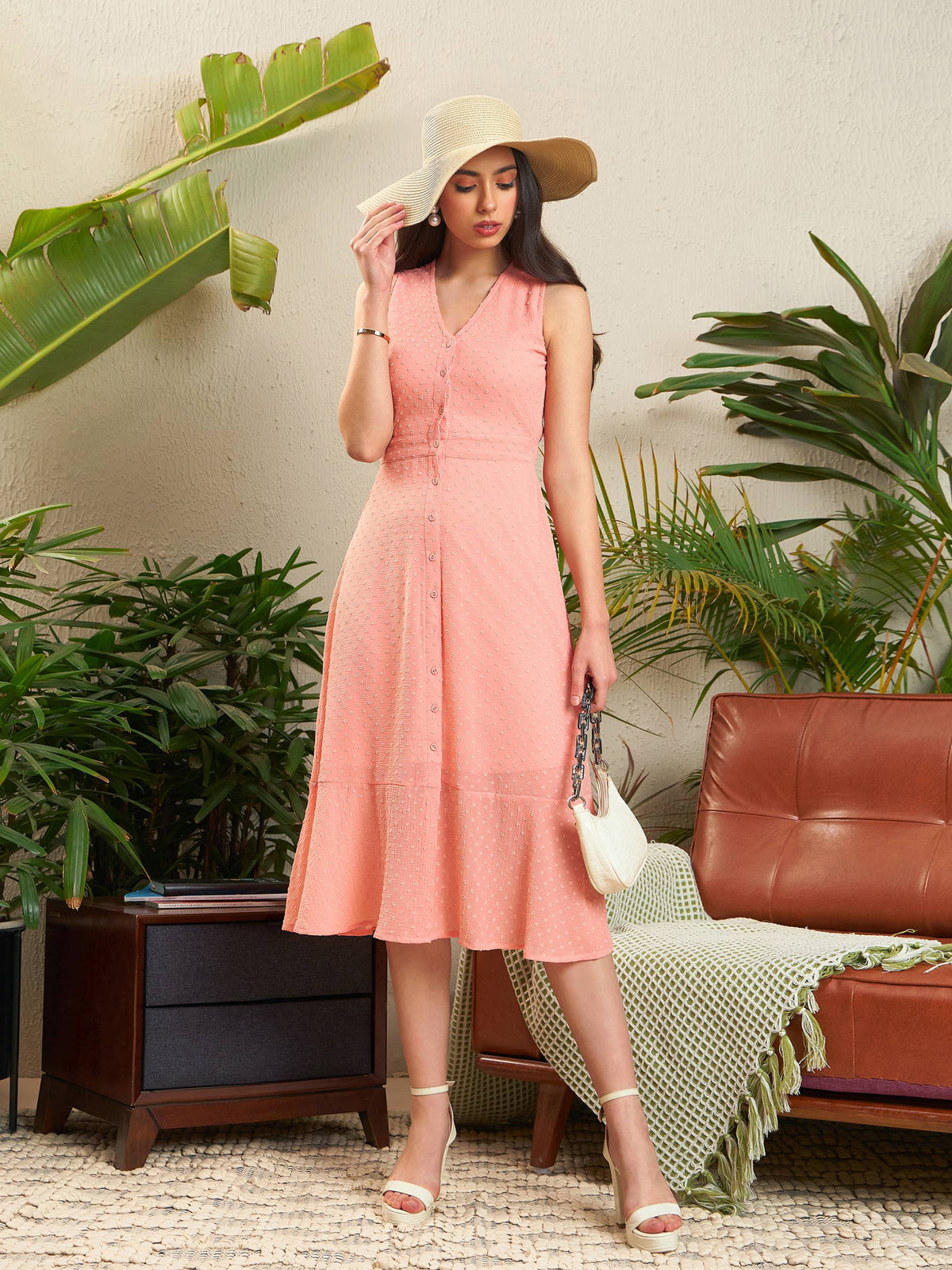 Peach Dobby Frill Hem Midi Dress-SASSAFRAS