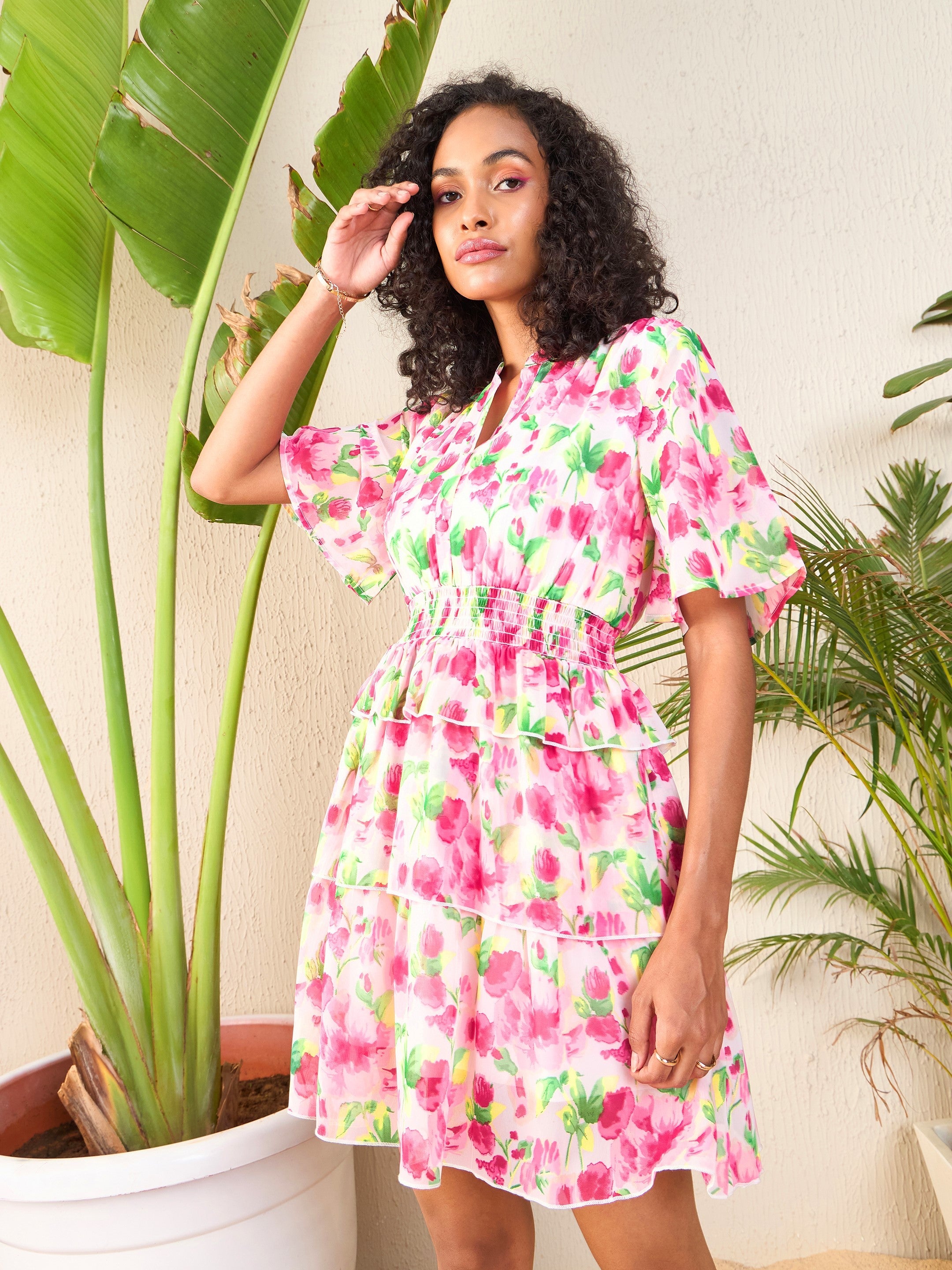 Floral Contrast Edge Layered Short Sleeve Mini Dress