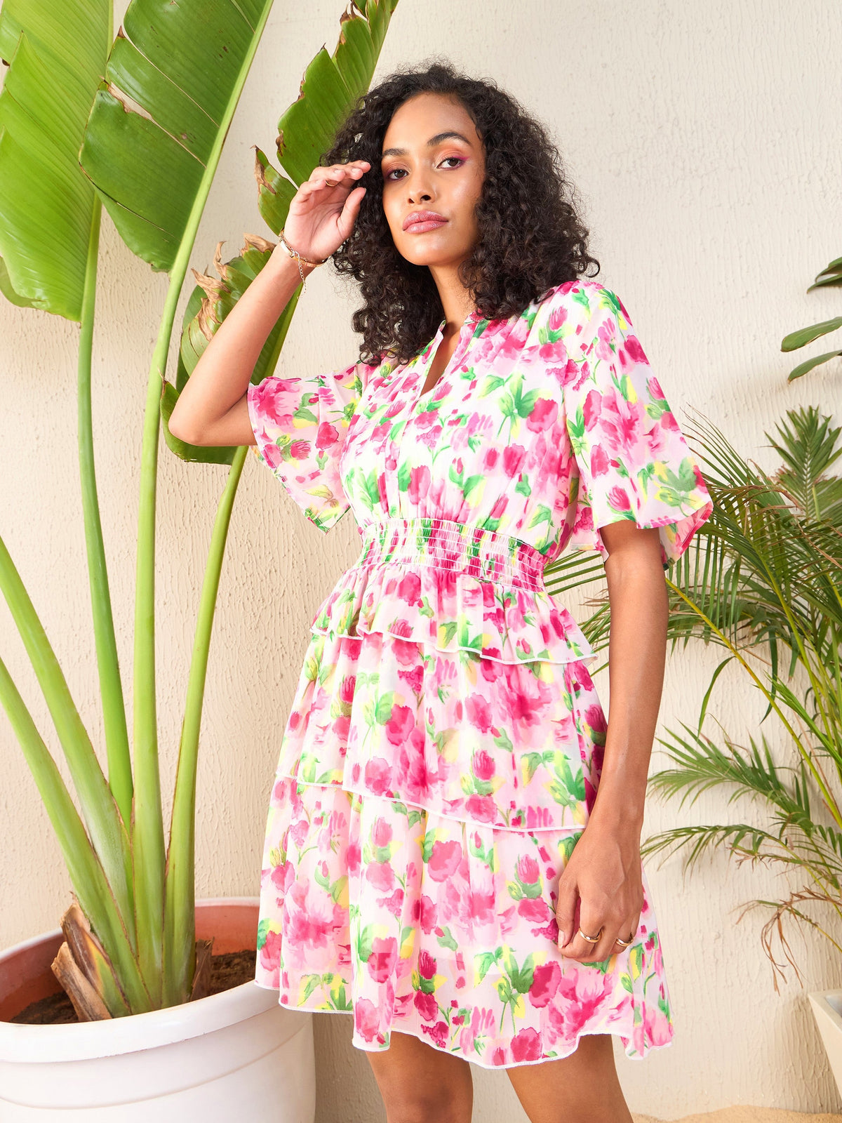 Pink Floral Layered Hem Short Dress-SASSAFRAS