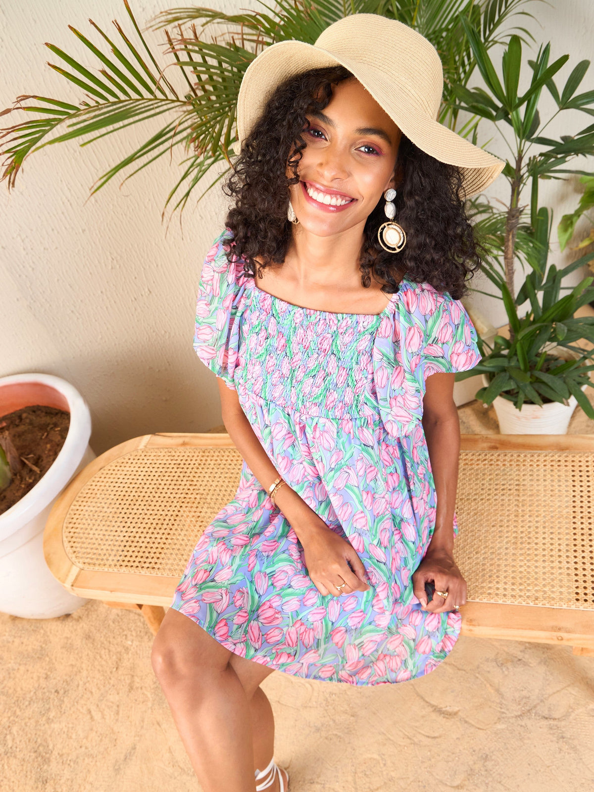 Pink Tulip Print Smocked Short Dress-SASSAFRAS