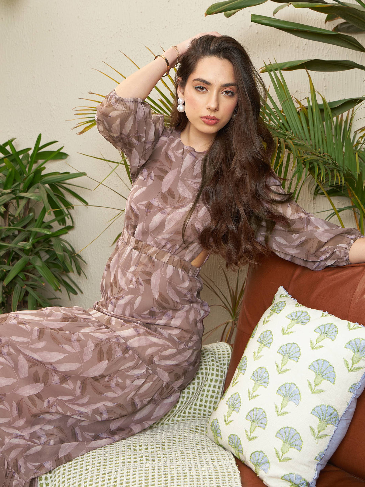 Brown Floral Waist Cut-Out Tiered Dress-SASSAFRAS