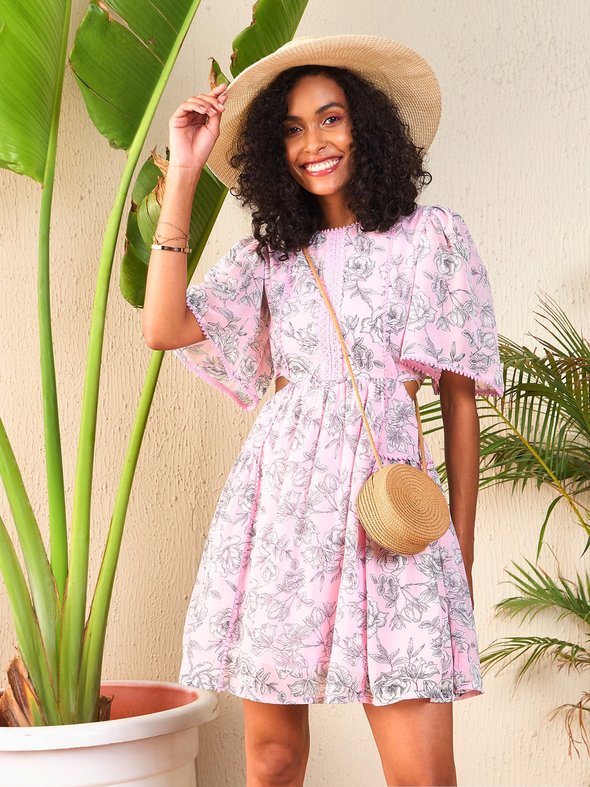 Pink Floral Waist Cut-Out Skater Dress-SASSAFRAS
