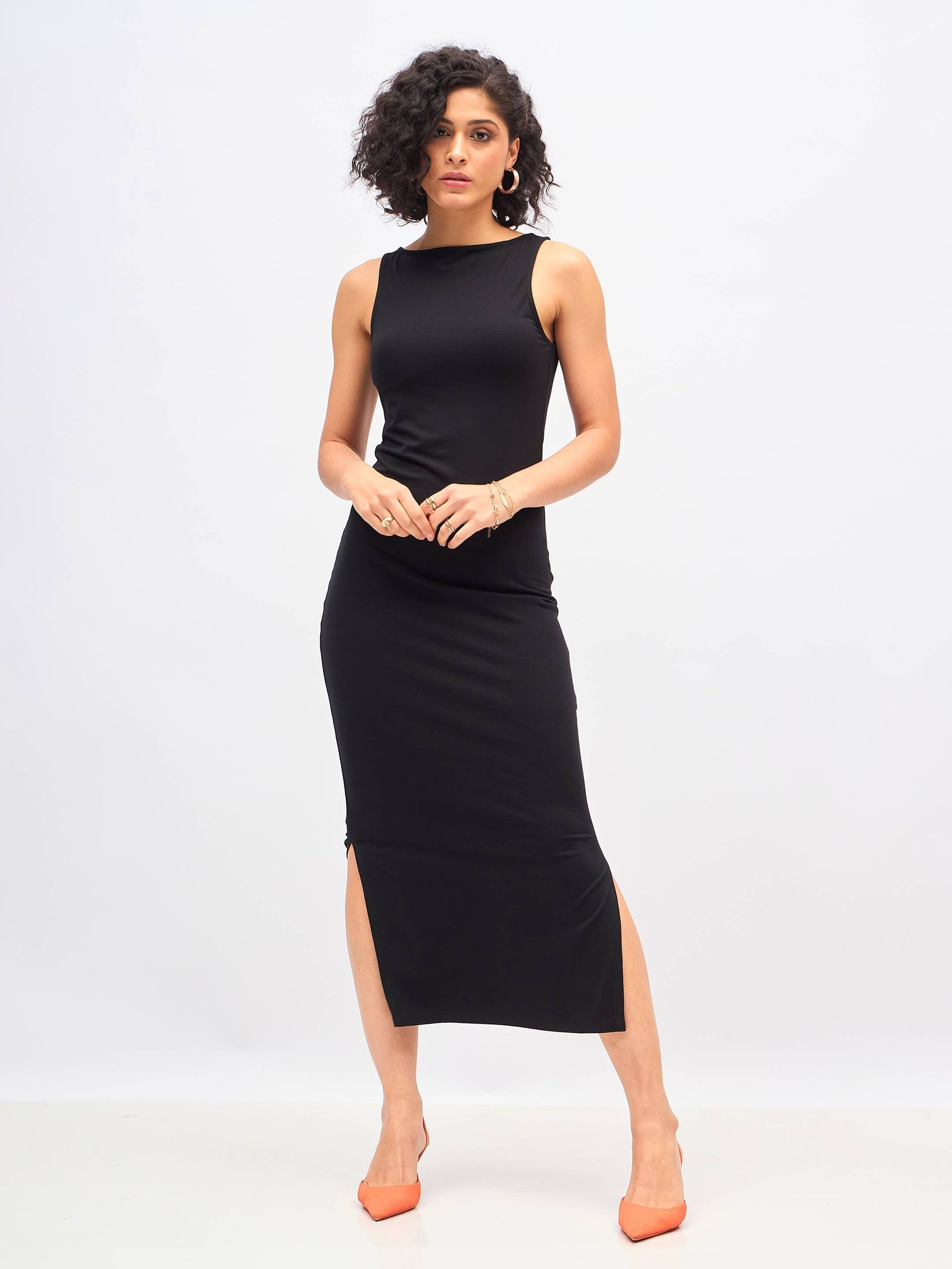 Black Boat Neck Bodycon Jersey Maxi Dress-SASSAFRAS