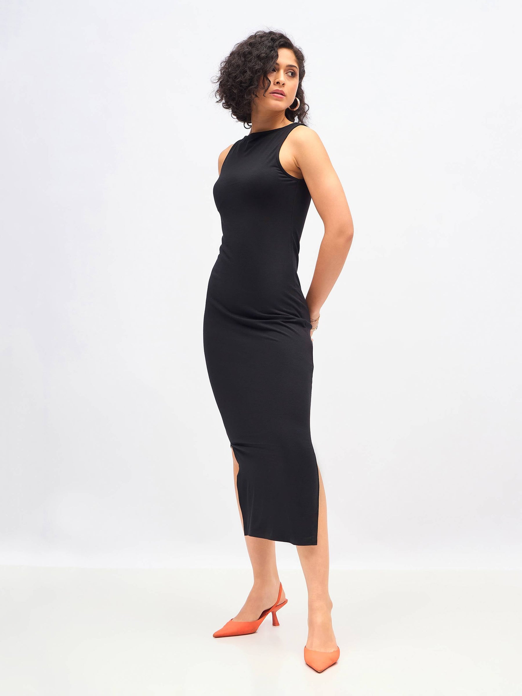 Black Boat Neck Bodycon Jersey Maxi Dress-SASSAFRAS