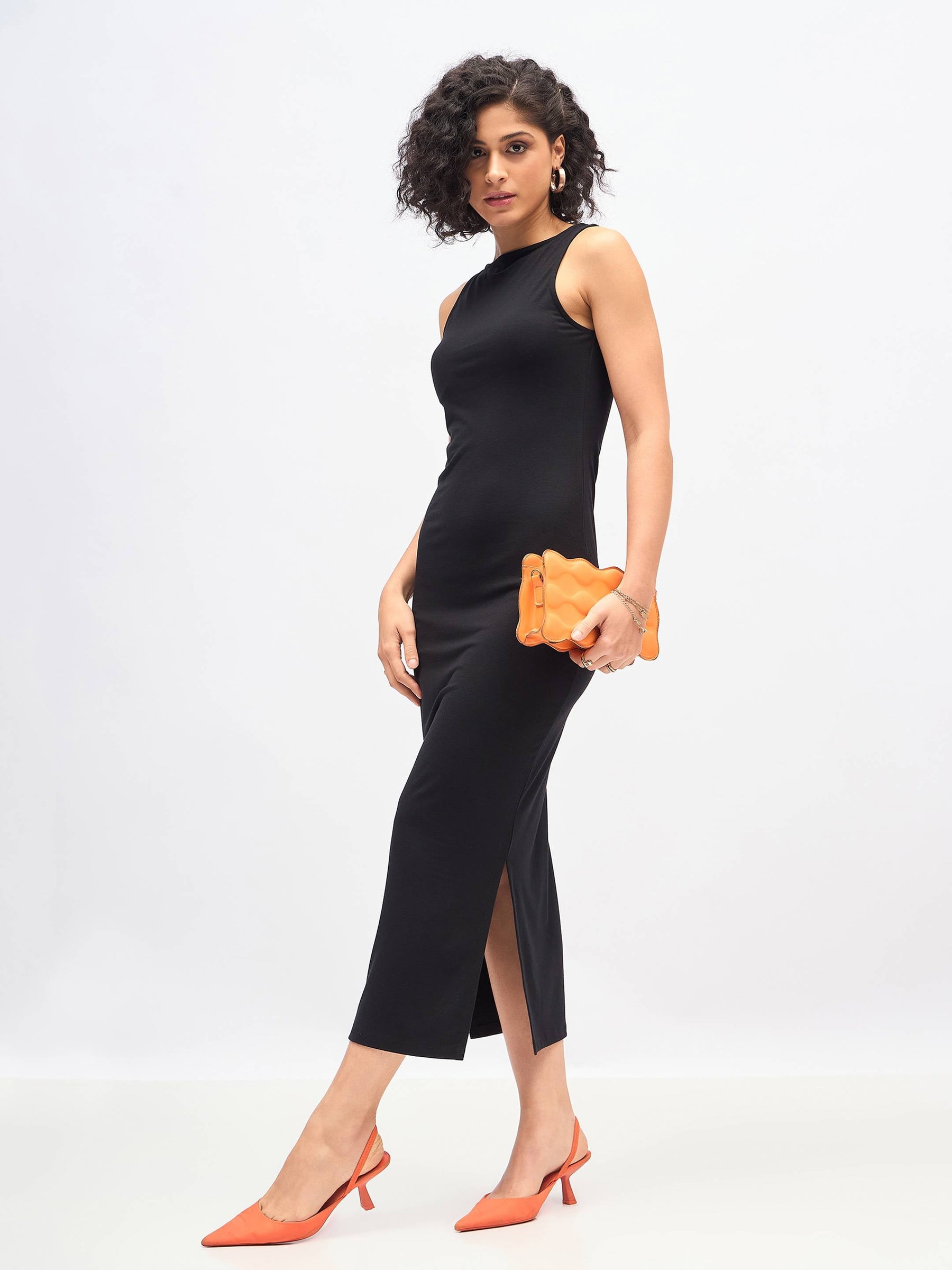 Black Boat Neck Bodycon Jersey Maxi Dress-SASSAFRAS