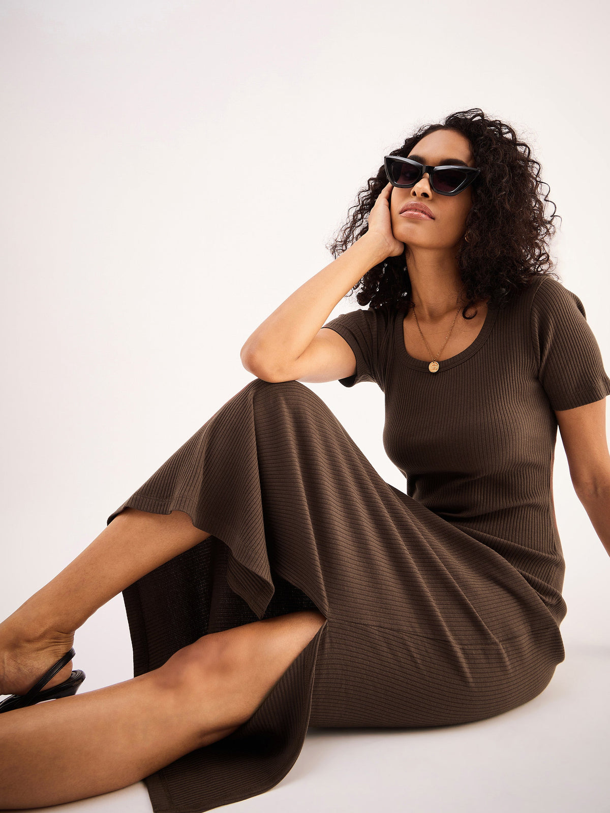 Brown Rib Square Neck Slit Midi Dress-SASSAFRAS BASICS