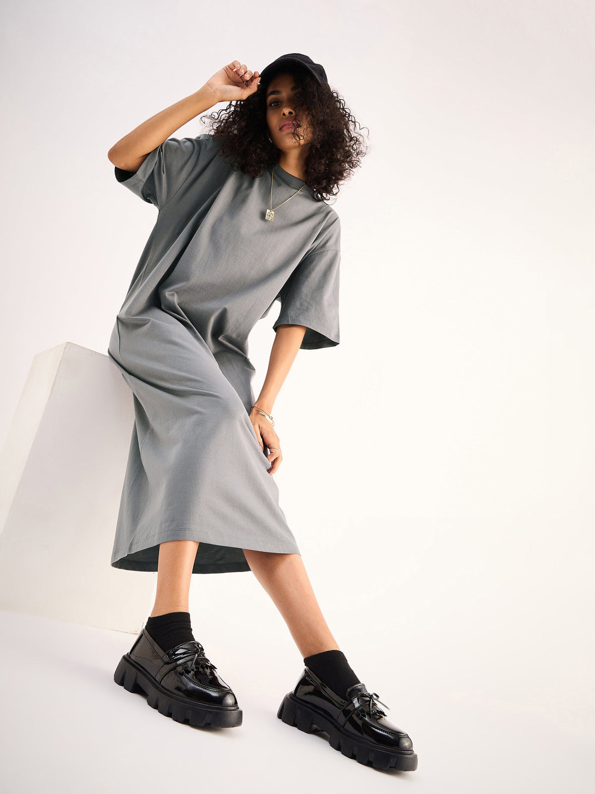Grey Oversized T-Shirt Dress-SASSAFRAS BASICS