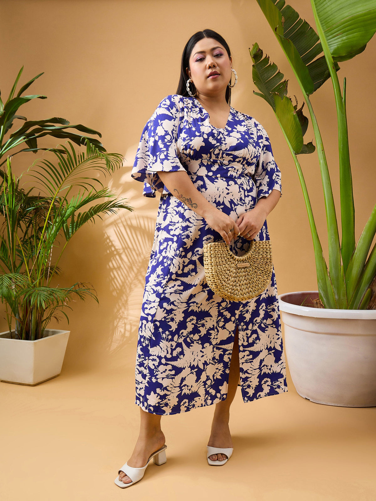 Blue Floral Front Slit Midi Dress-SASSAFRAS Curve