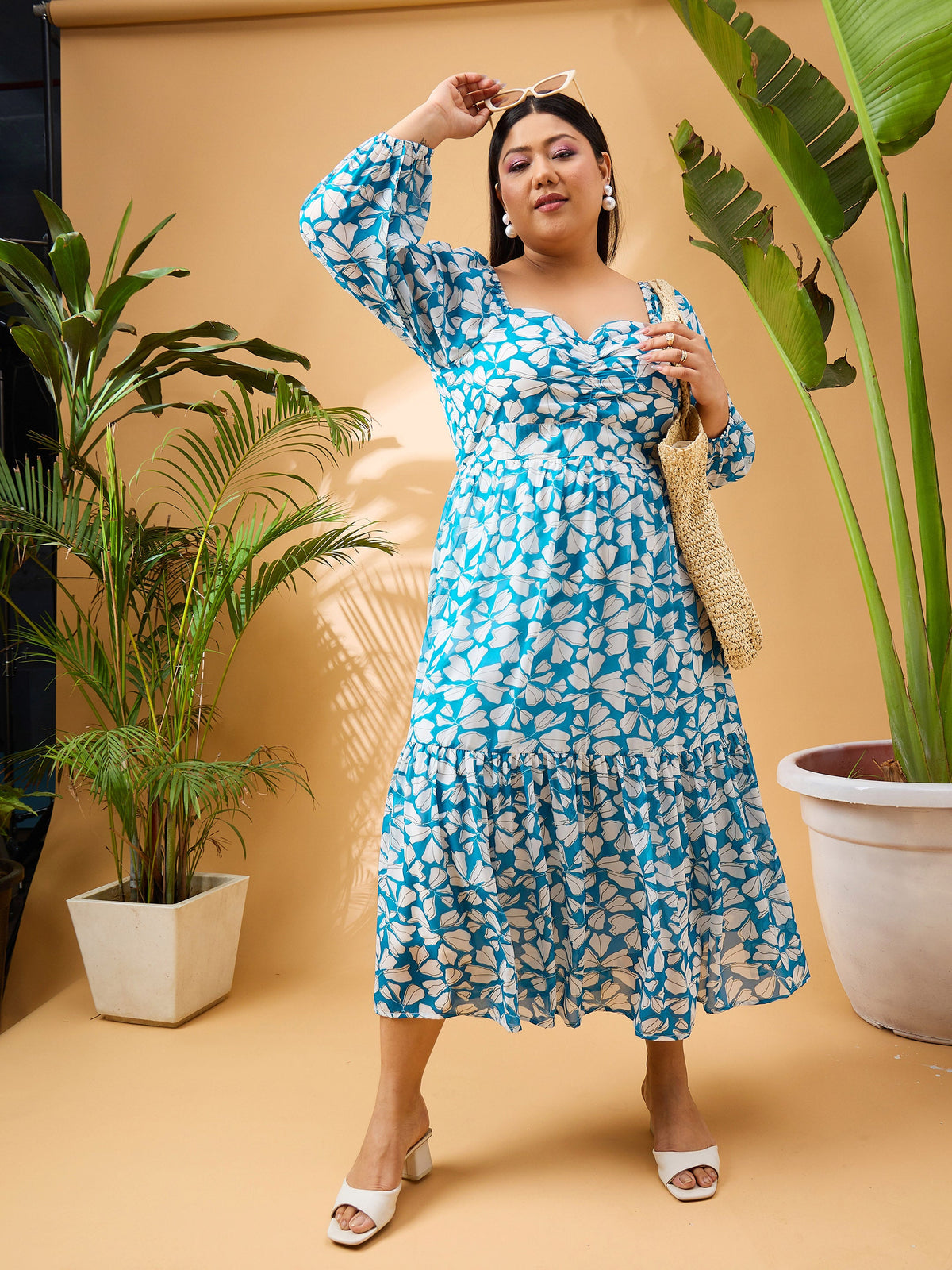Turquoise Tropical Hem Tiered Midi Dress-SASSAFRAS Curve