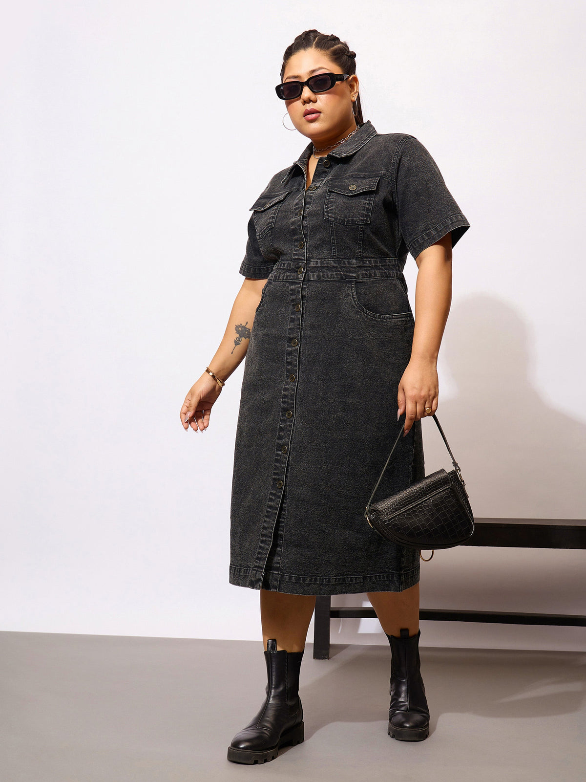 Black Denim Acid Wash Front Button Shirt Dress-SASSAFRAS Curve
