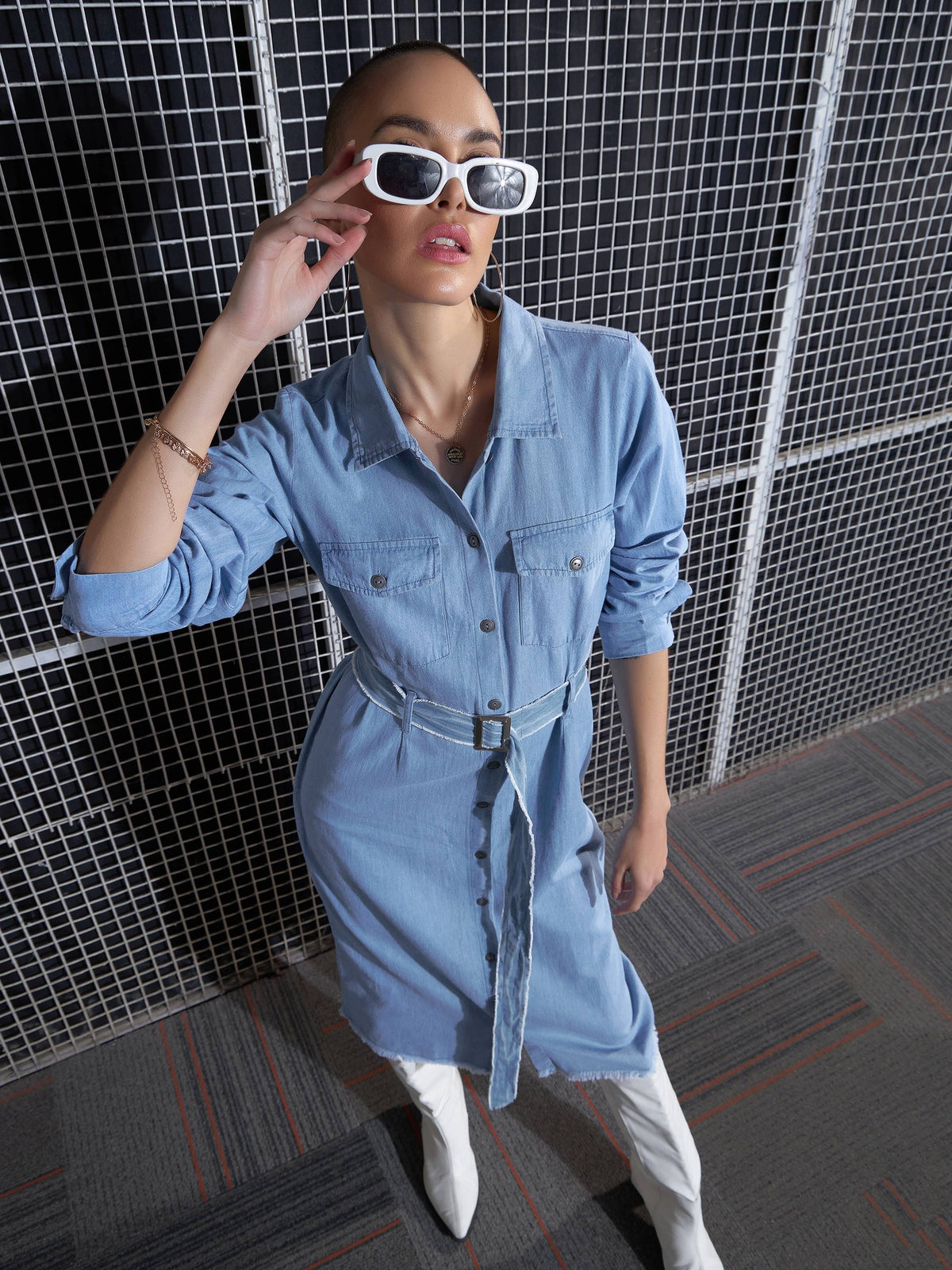 Ice Blue Raw Edge Pocket Shirt Dress-SASSAFRAS