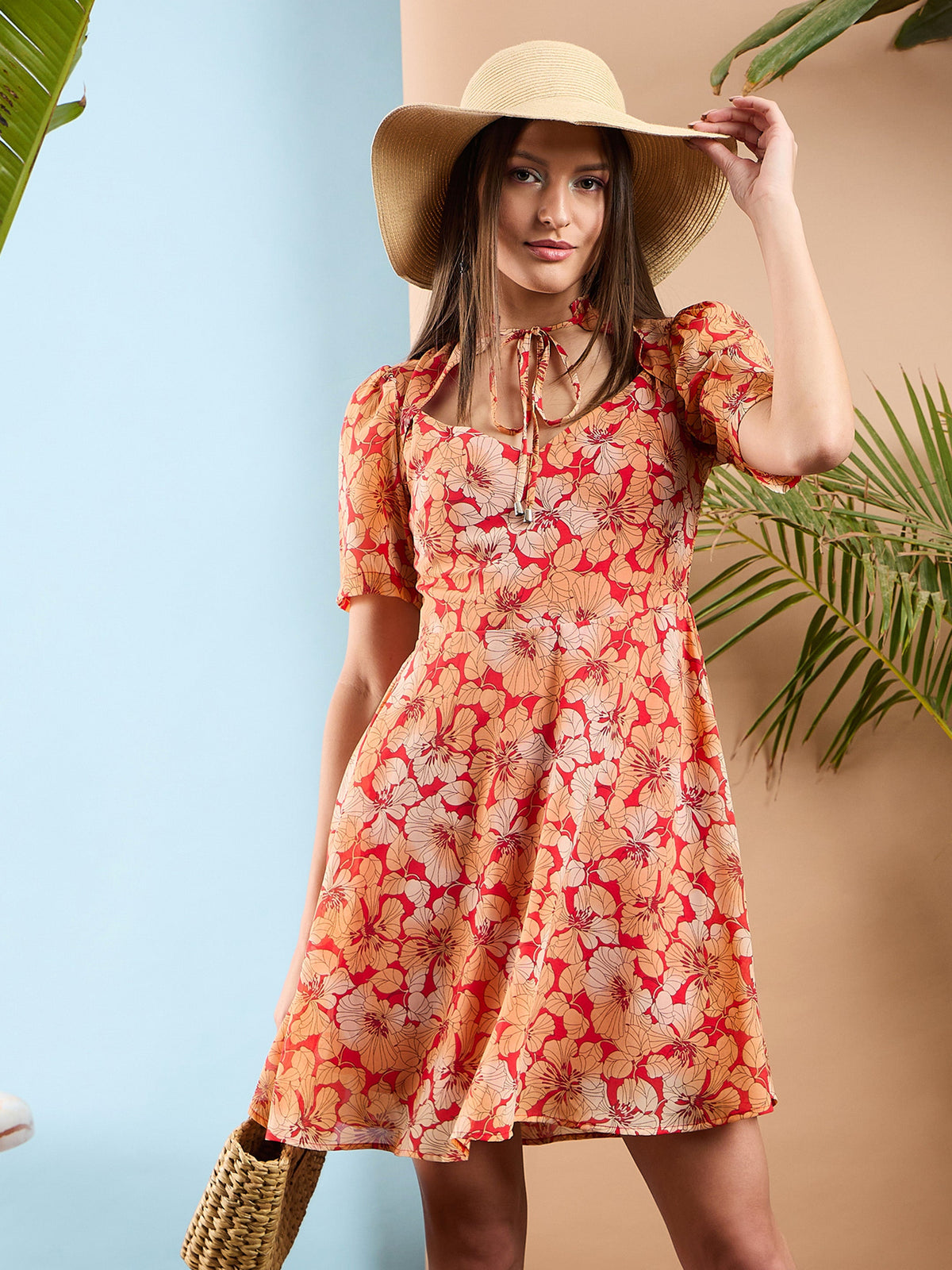 Red Floral Rhombus Neck A-Line Short Dress -SASSAFRAS