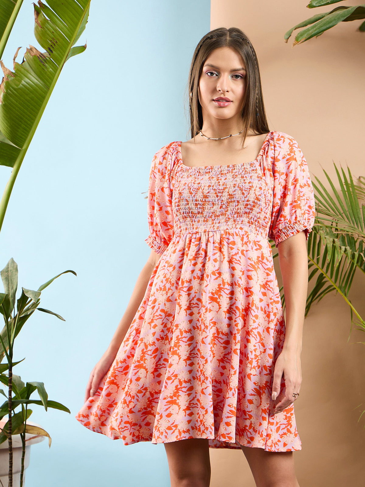 Orange Floral Smoked Mini Dress-SASSAFRAS