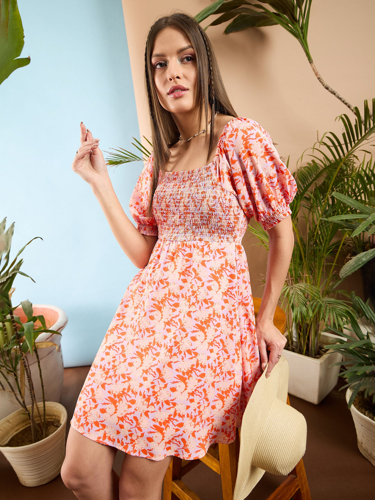 Orange Floral Smoked Mini Dress-SASSAFRAS