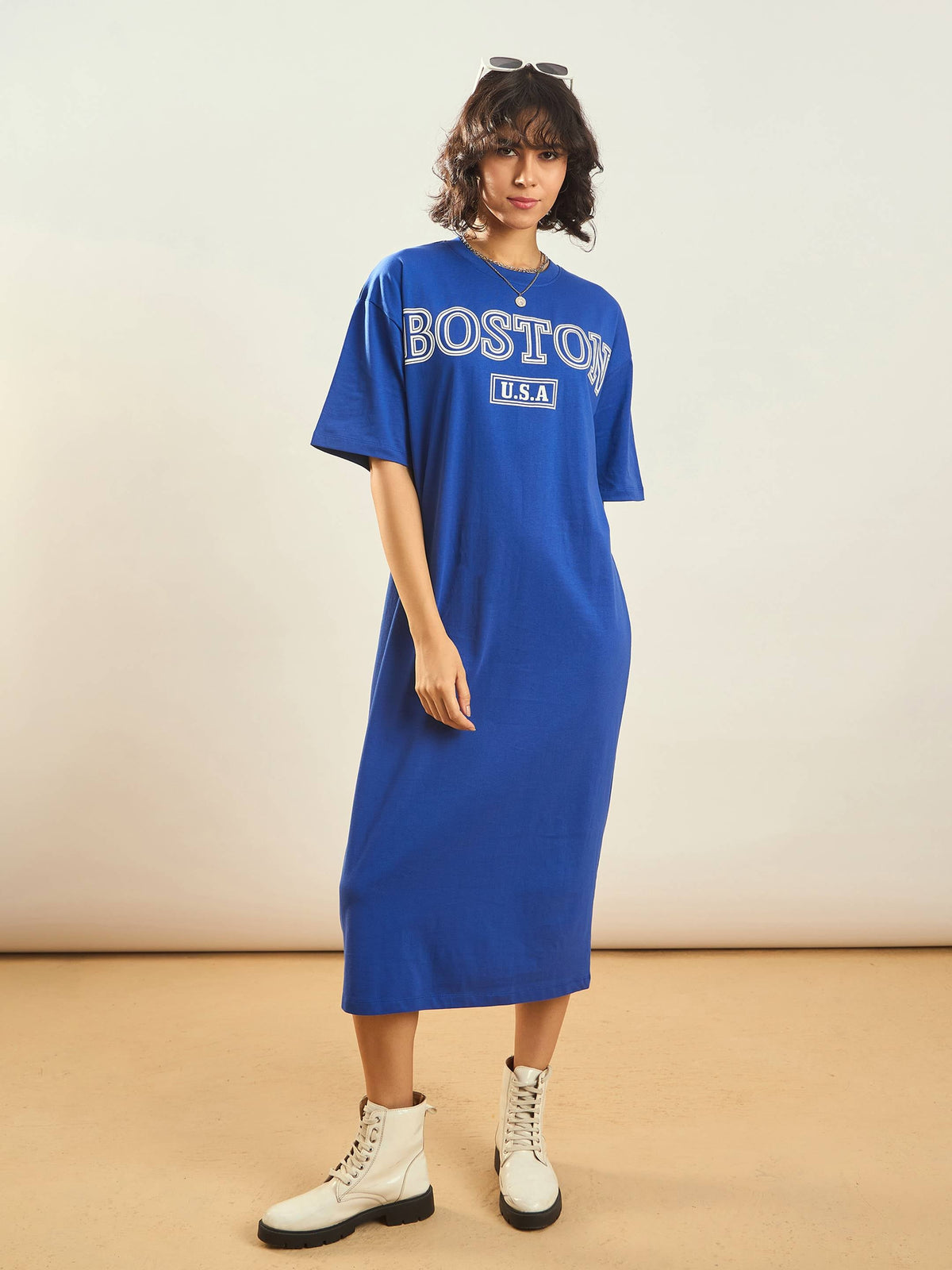 Royal Blue BOSTON Printed T-Shirt Dress-SASSAFRAS