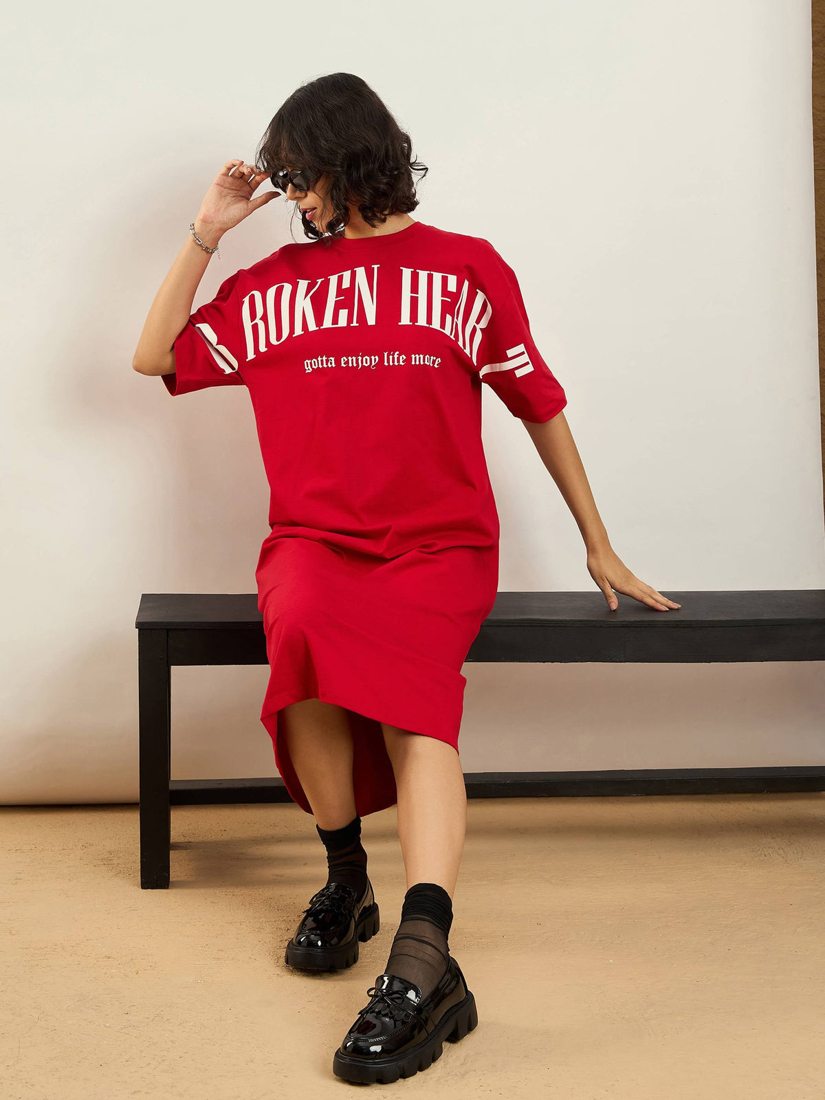 Red BROKEN HEART Printed T-Shirt Dress-SASSAFRAS