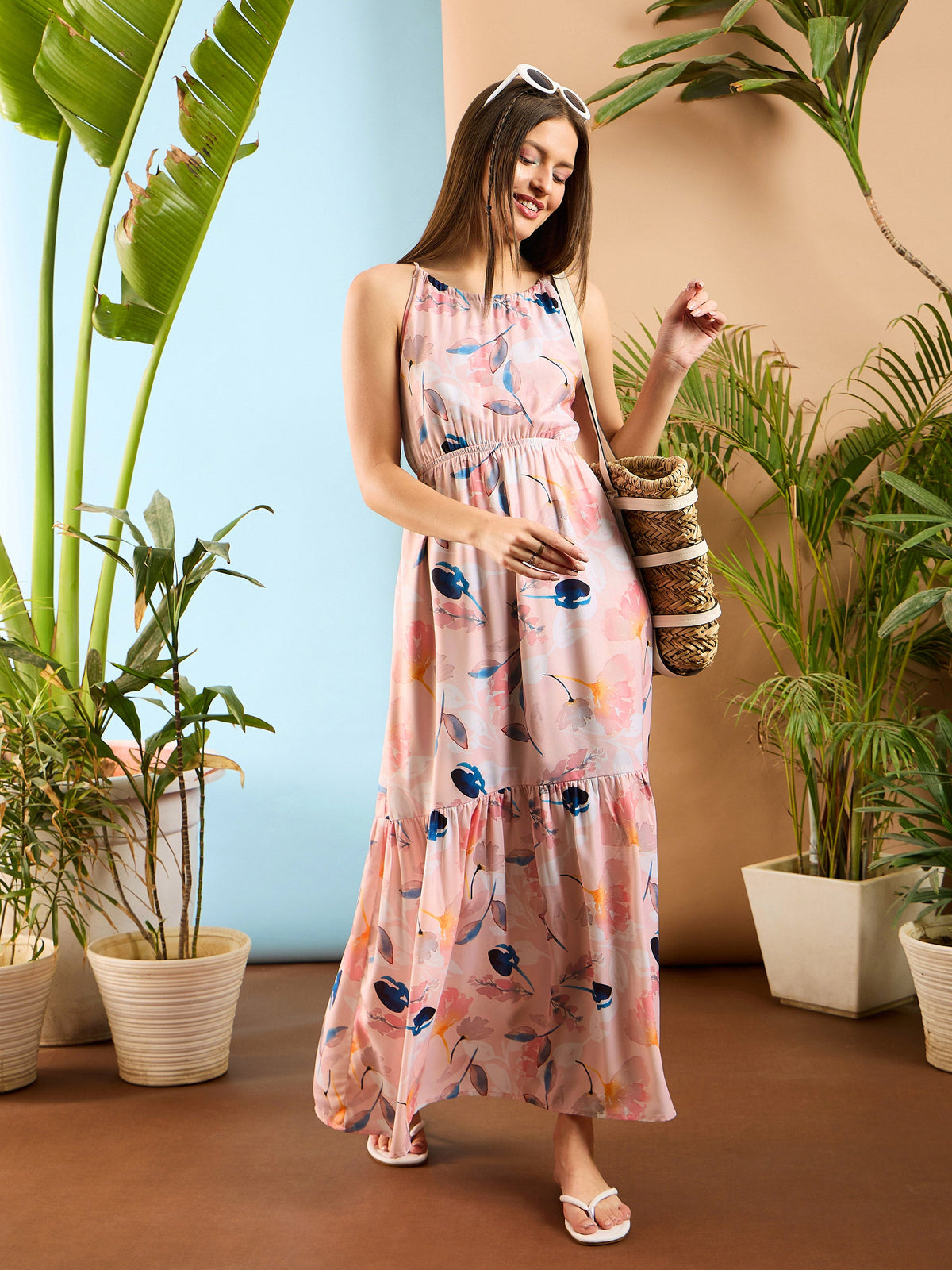 Peach Floral Back Less Maxi Dress-SASSAFRAS