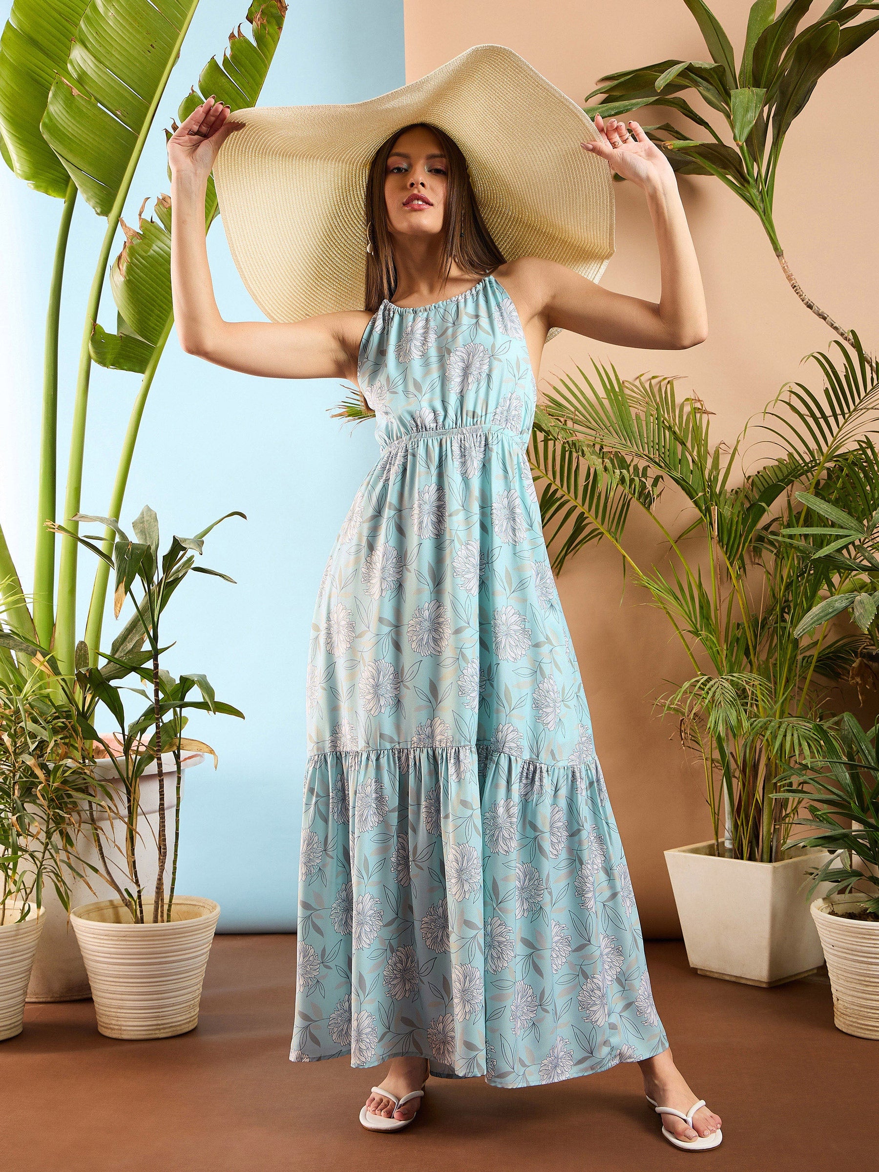 Blue Floral Back Less Maxi Dress-SASSAFRAS