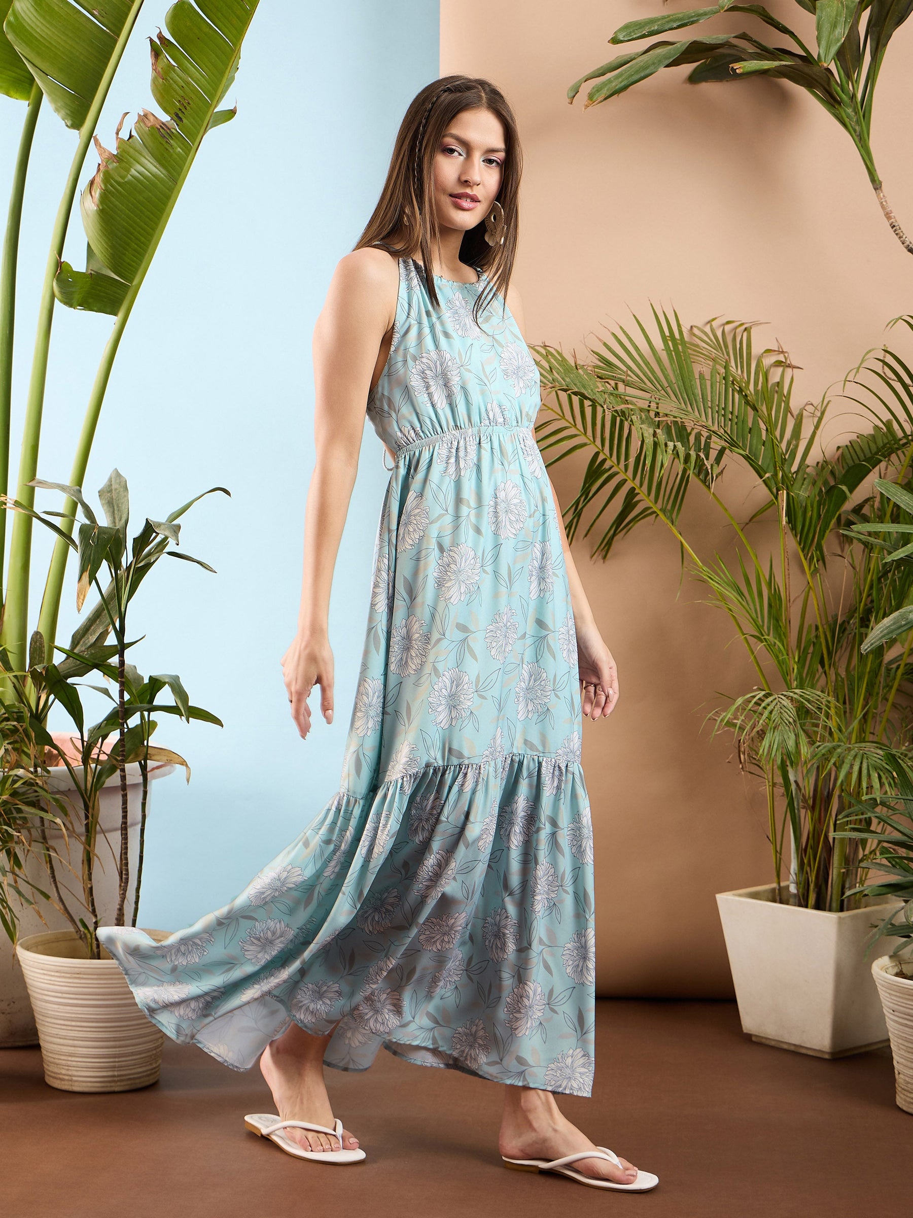 Blue Floral Back Less Maxi Dress-SASSAFRAS
